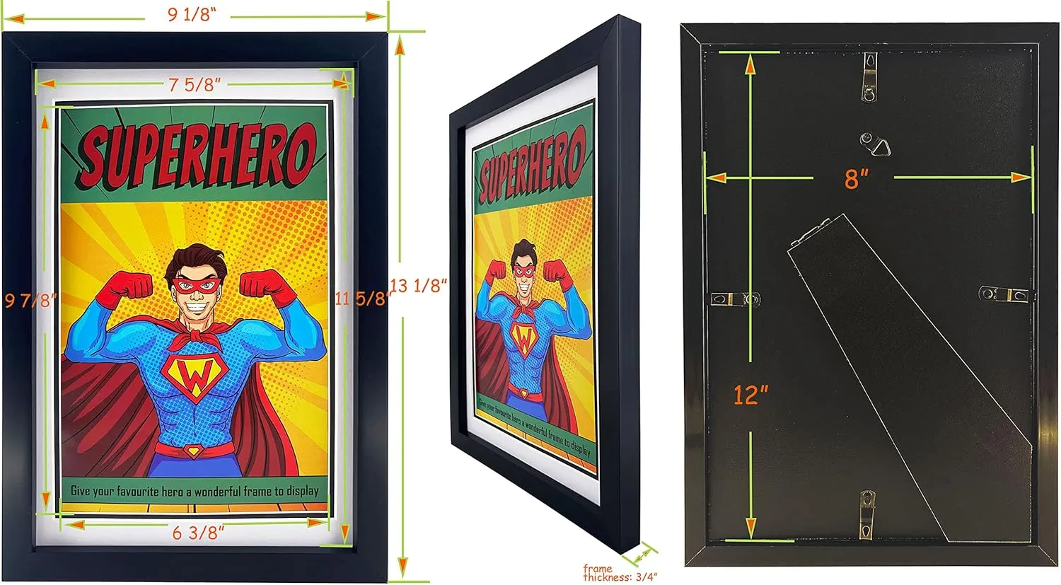 Comic Book Frame 4 Pack, Black & White Double Mats, UV Protection, Fits Current and Standard Size Comic up to 6 3/4" x 10 1/4", Fits Comic Book Bags and Sleeves, Wall or Tabletop Display