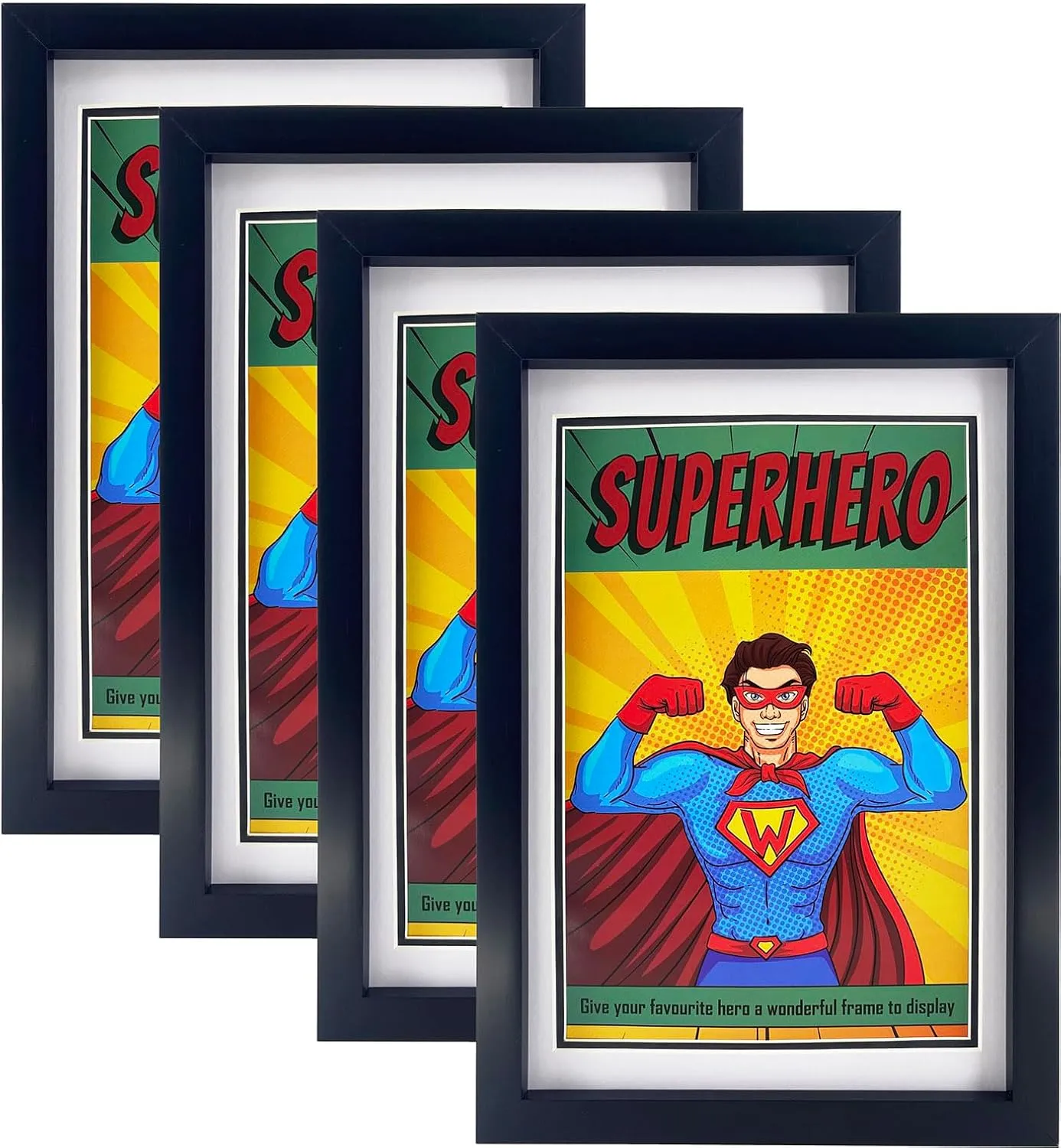 Comic Book Frame 4 Pack, Black & White Double Mats, UV Protection, Fits Current and Standard Size Comic up to 6 3/4" x 10 1/4", Fits Comic Book Bags and Sleeves, Wall or Tabletop Display
