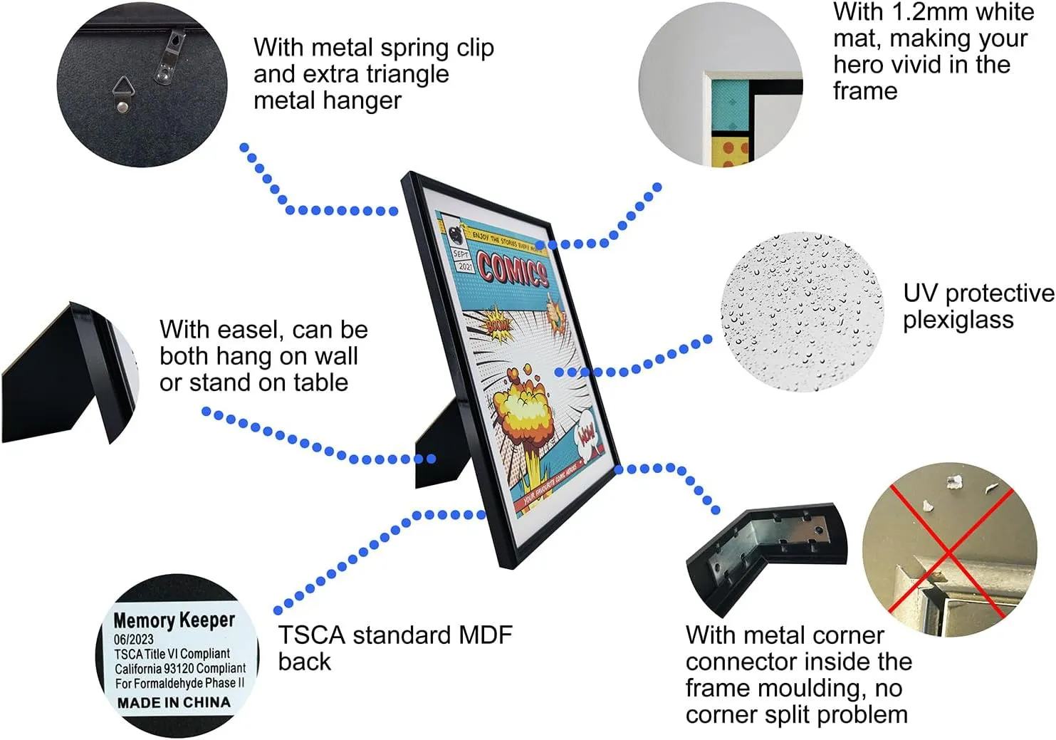 Comic Book Frame, 8 Pack, UV Protection,White Mat, Fits Current Comics up to 6 3/4" x 10 1/4", Fits with Comic Book Bags and Sleeves,Wall or Tabletop Display