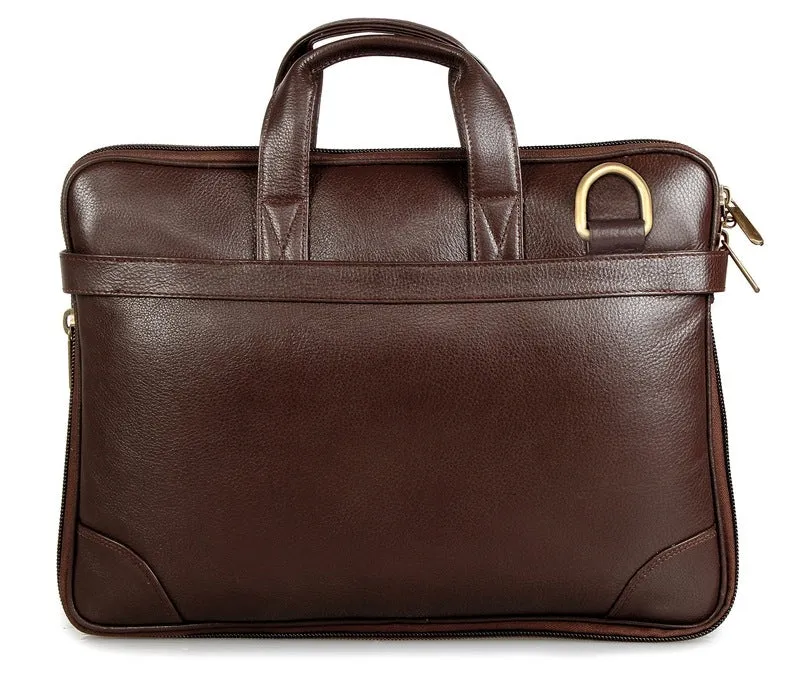 Compact Netbook Messenger Bag - Genuine Leather, Zipper Pockets | Elegant Dark Brown Briefcase | 34x24x5 cm