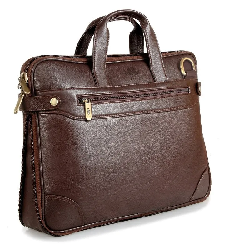 Compact Netbook Messenger Bag - Genuine Leather, Zipper Pockets | Elegant Dark Brown Briefcase | 34x24x5 cm