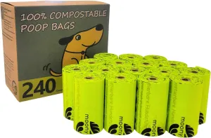 Compostable Dog Poop Bag Rolls, Doggie Poop Bags Bulk, Vegetable-Based Eco-Friendly Pet Waste Bags, Unscented, Extra Thick, Leak Proof, Size 9 x 13 Inches, Refills 240 Counts