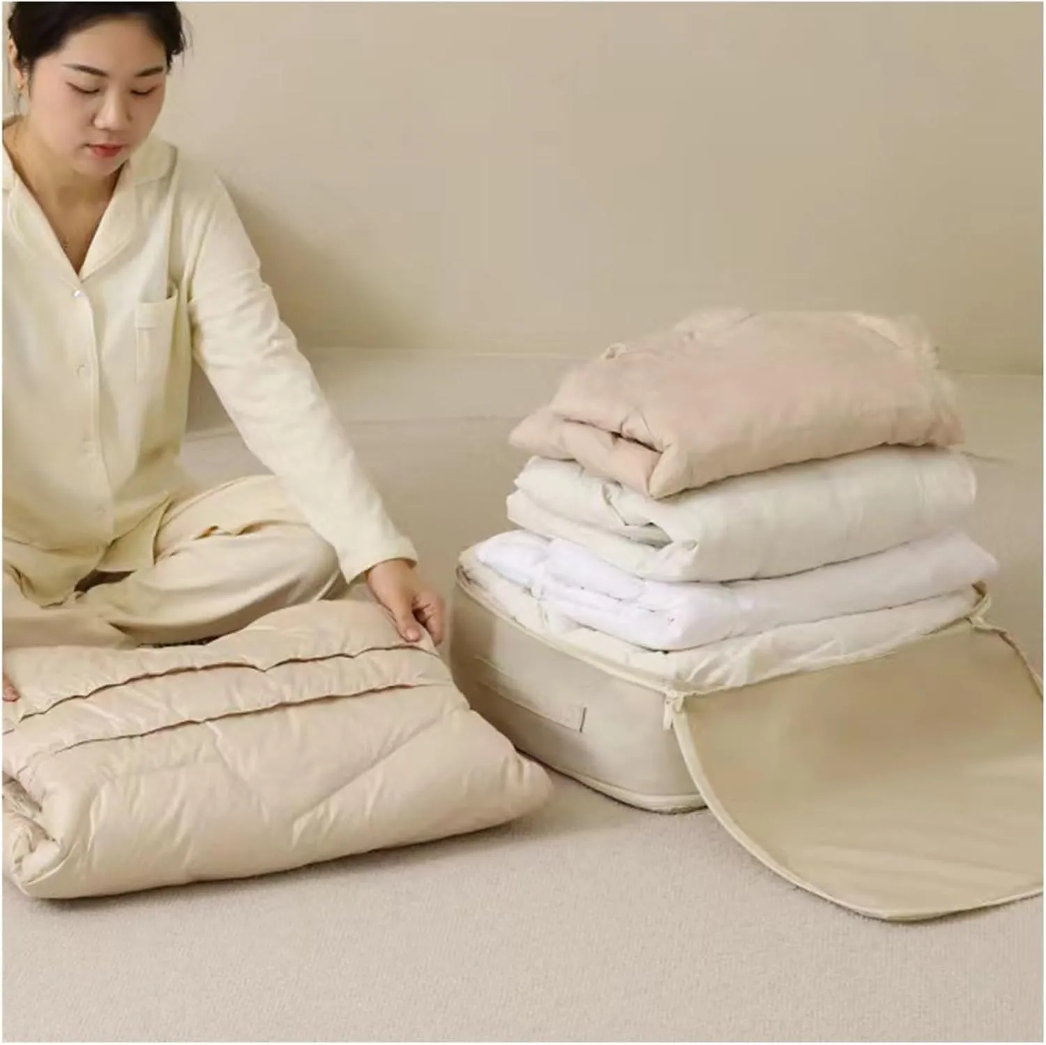 Compression Packing Bag Duvet Storage Bag Folding Large Capacity Expandable Storage Bag(Bean Paste Powder,L)