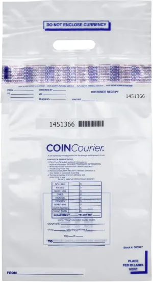 ControlTek Coin Courier 12" x 24.5", Clear, 50 Bags, Tamper-Resistant Coin Bag, Cash Register Money Bag for Bank Deposit, Security Bags Hold Up To 50lbs of Coins 585347