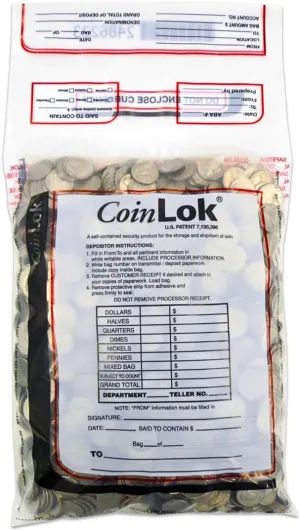 Controltek CoinLok 10" x 19", Clear, 50 Bags, Tamper Resistant Coin Bag, Cash Register Money Bag for Bank Deposit, Security Bags Hold Up To 25lbs of Coins 585099