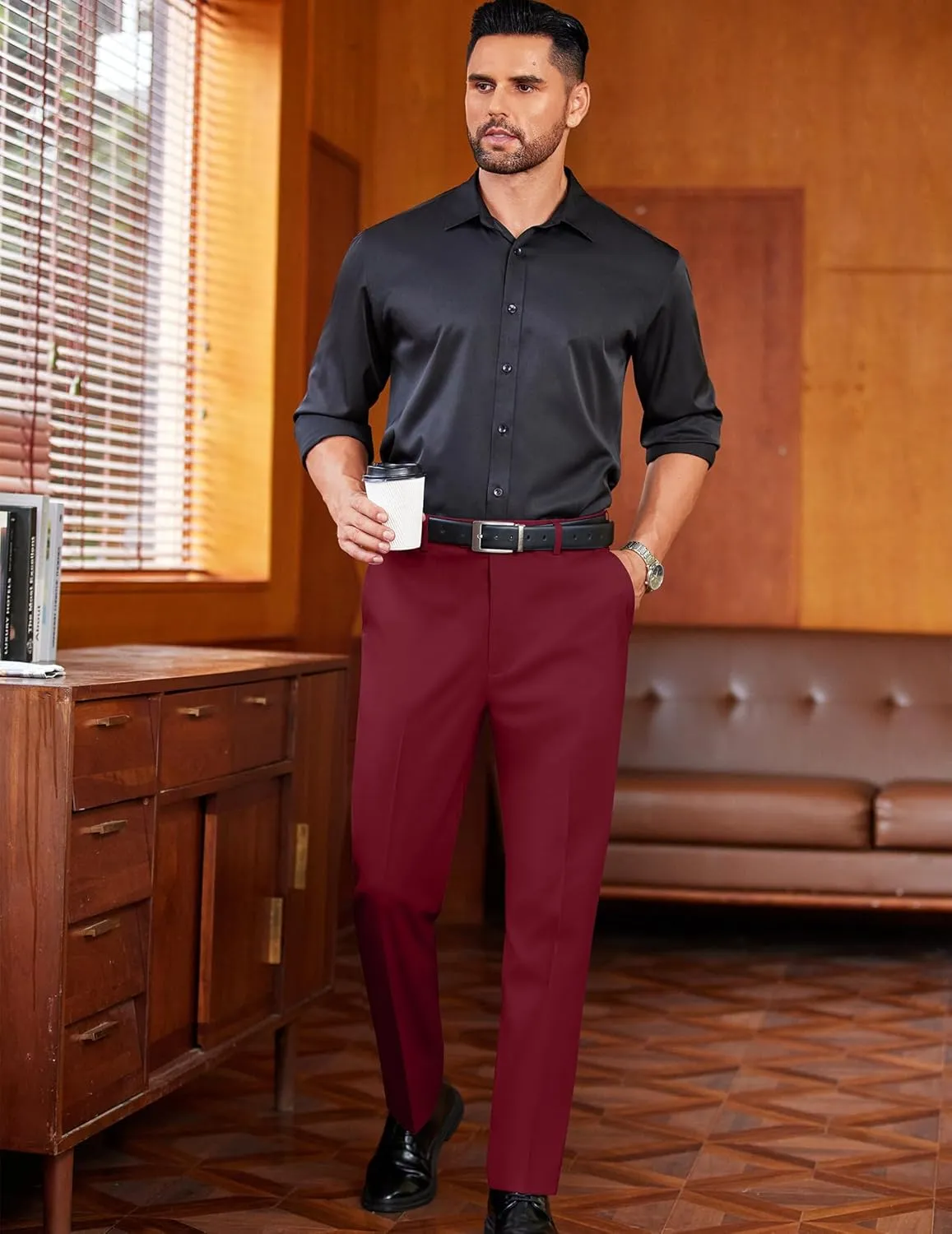 COOFANDY Mens Classic Casual Dress Pants Expandable Waist Suit Pant Slim Fit Flat Front Slacks