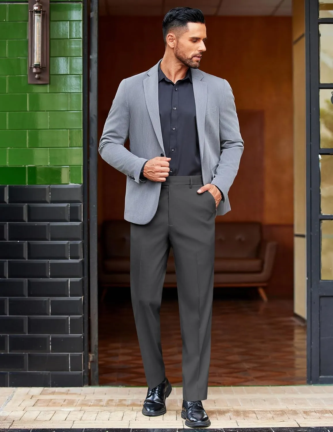 COOFANDY Mens Classic Casual Dress Pants Expandable Waist Suit Pant Slim Fit Flat Front Slacks