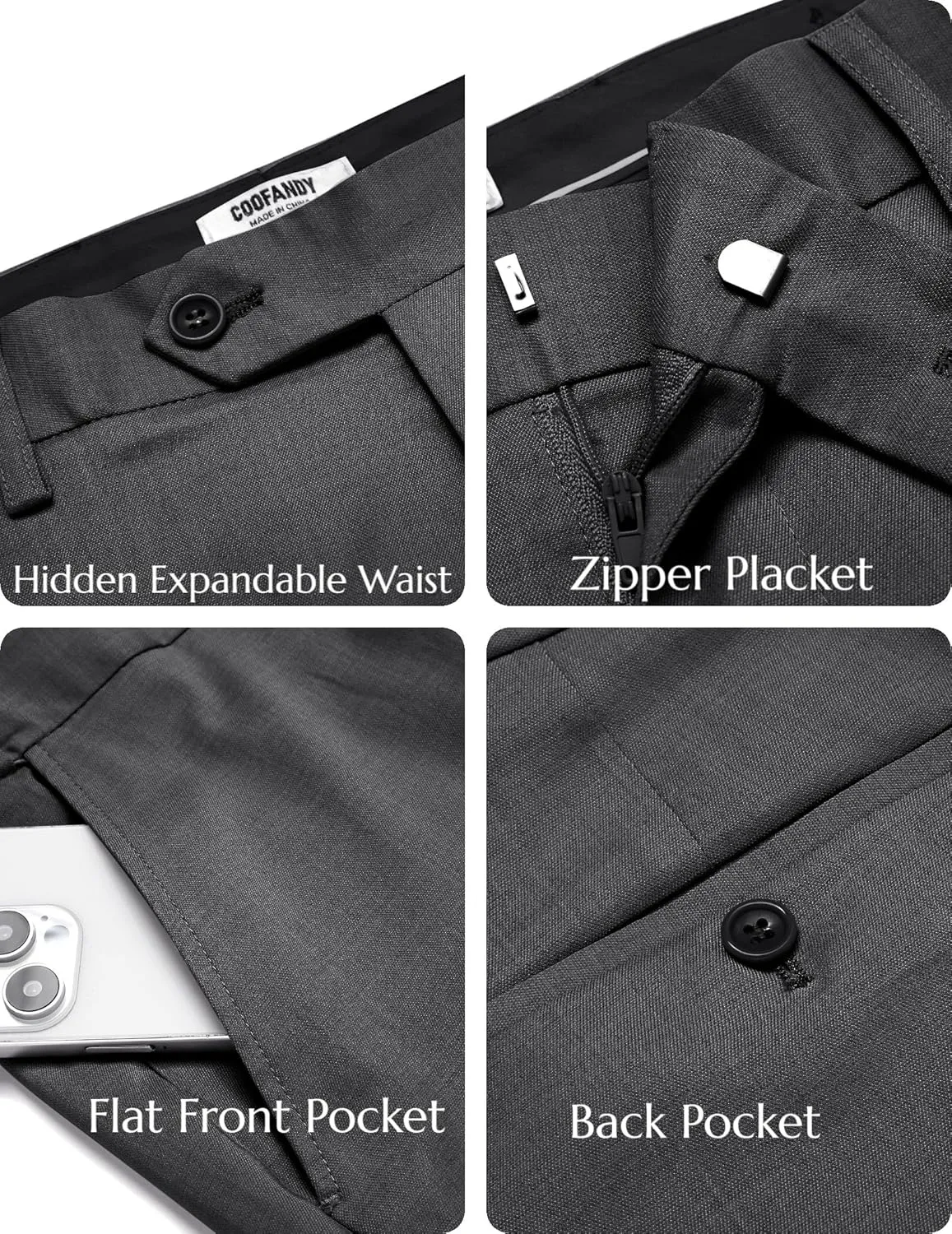 COOFANDY Mens Classic Casual Dress Pants Expandable Waist Suit Pant Slim Fit Flat Front Slacks
