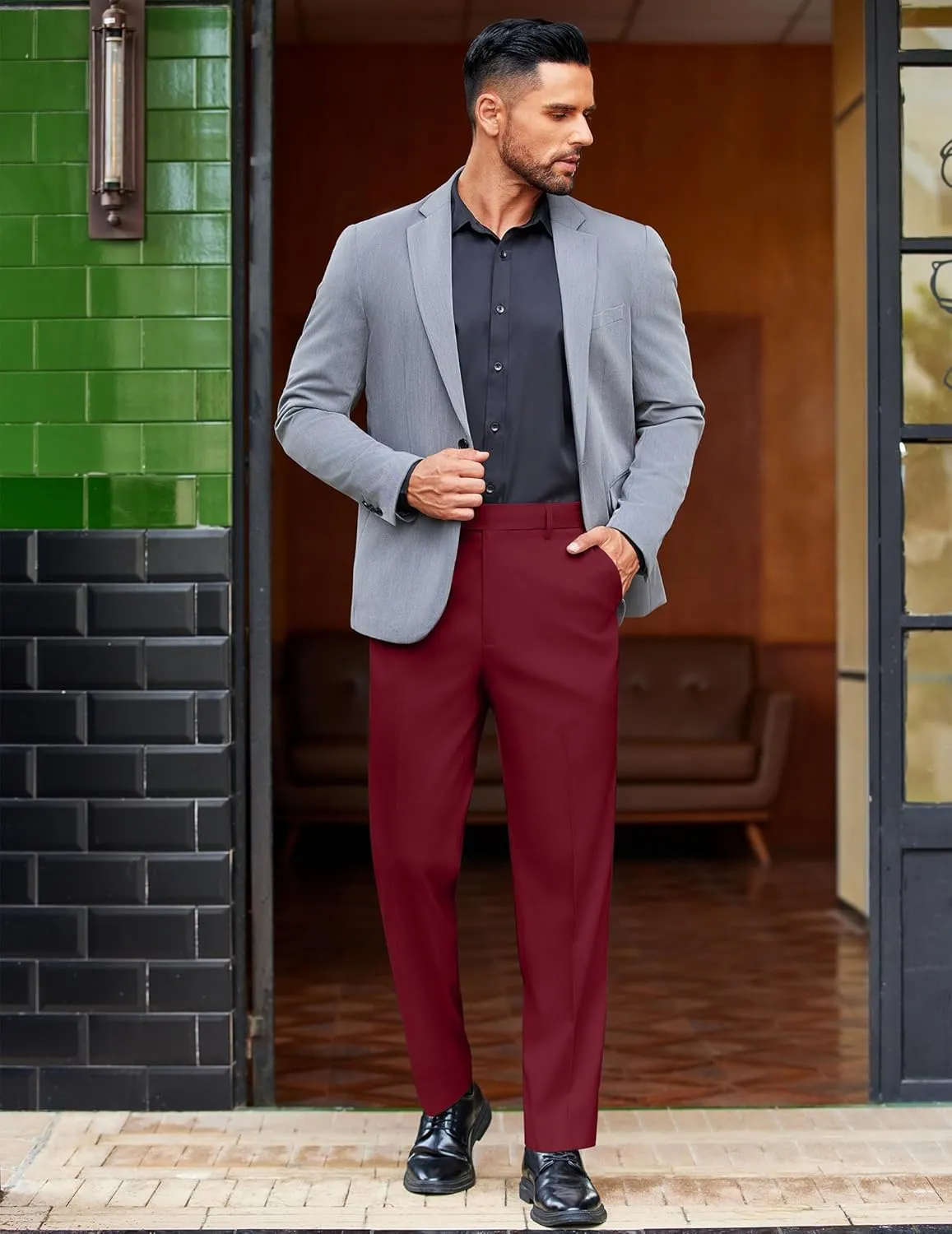 COOFANDY Mens Classic Casual Dress Pants Expandable Waist Suit Pant Slim Fit Flat Front Slacks
