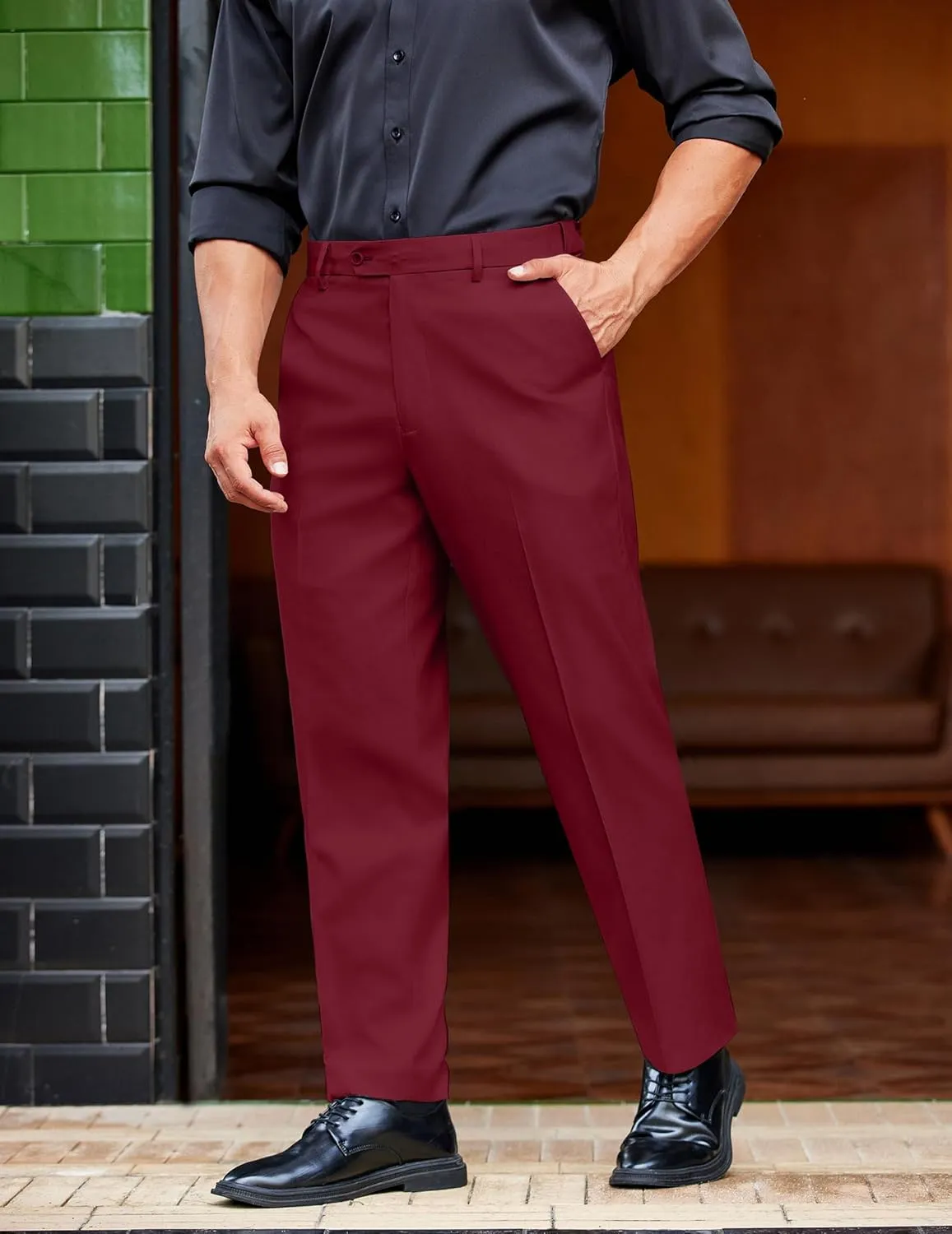 COOFANDY Mens Classic Casual Dress Pants Expandable Waist Suit Pant Slim Fit Flat Front Slacks