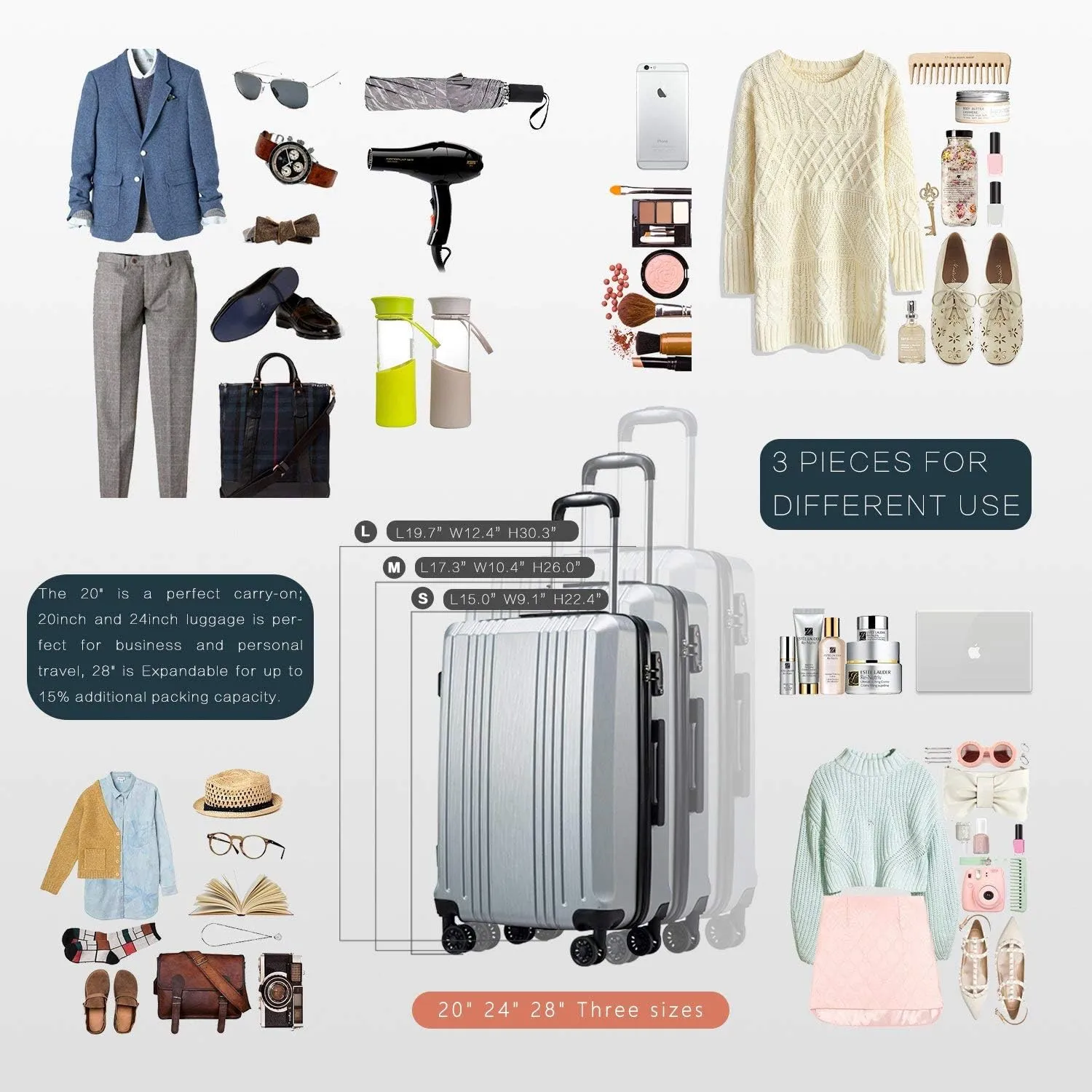 Coolife Luggage Suitcase PC ABS with TSA Lock Spinner Carry on Hardshell Lightweight 20in 24in 28in(ice blue, L(28IN))