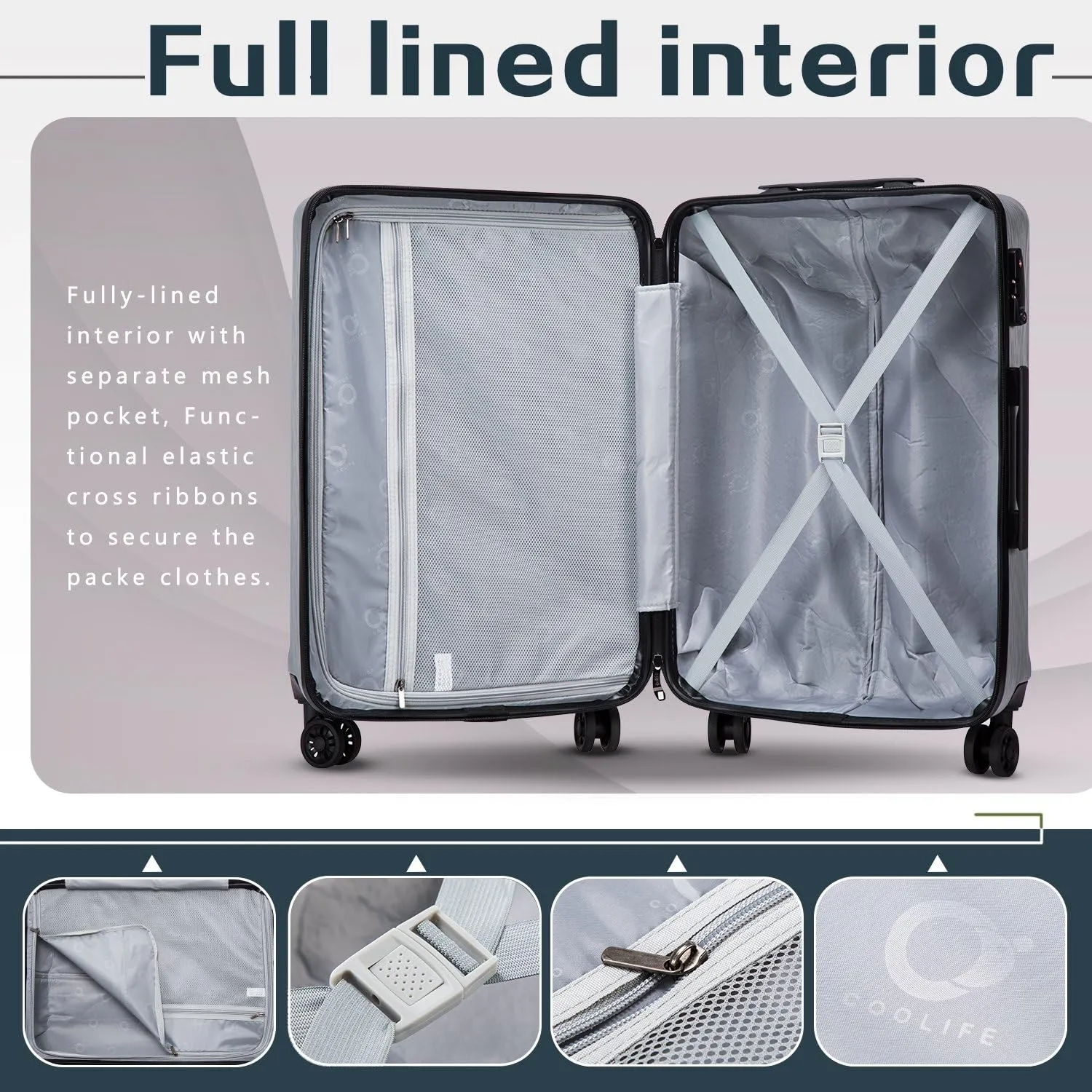 Coolife Luggage Suitcase PC ABS with TSA Lock Spinner Carry on Hardshell Lightweight 20in 24in 28in(sliver, S(20in_carry on))