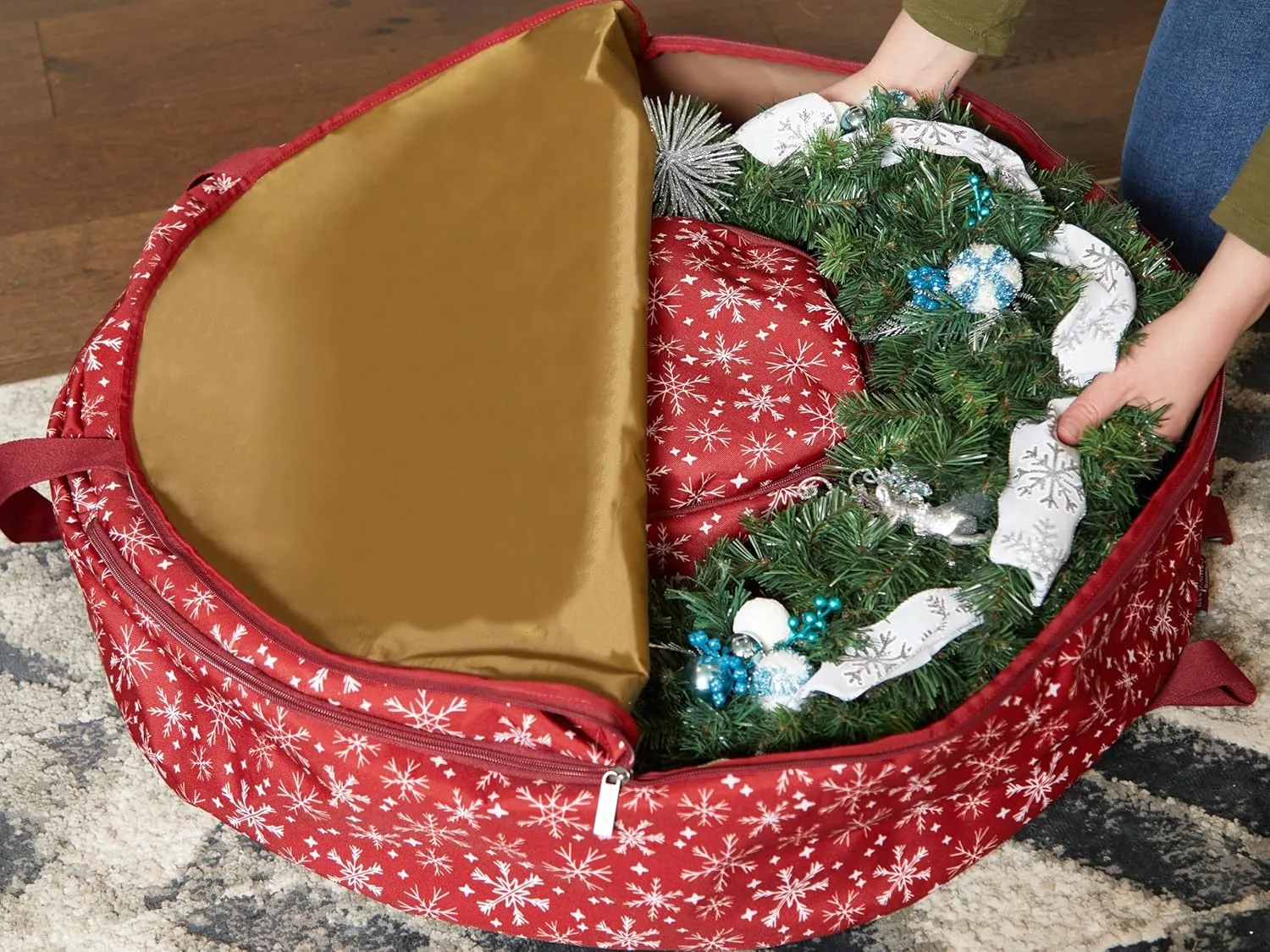 Covermates Keepsakes Christmas Wreath Storage Bag – Heavy Duty Polyester, Interior Pouch, Dual Zipper Pulls - Holiday Storage, Red Snowflake