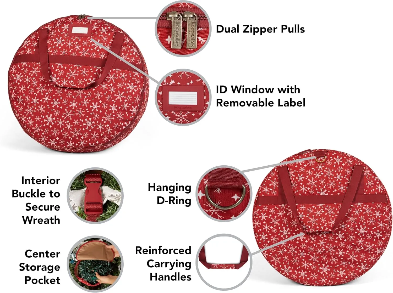 Covermates Keepsakes Christmas Wreath Storage Bag – Heavy Duty Polyester, Interior Pouch, Dual Zipper Pulls - Holiday Storage, Red Snowflake