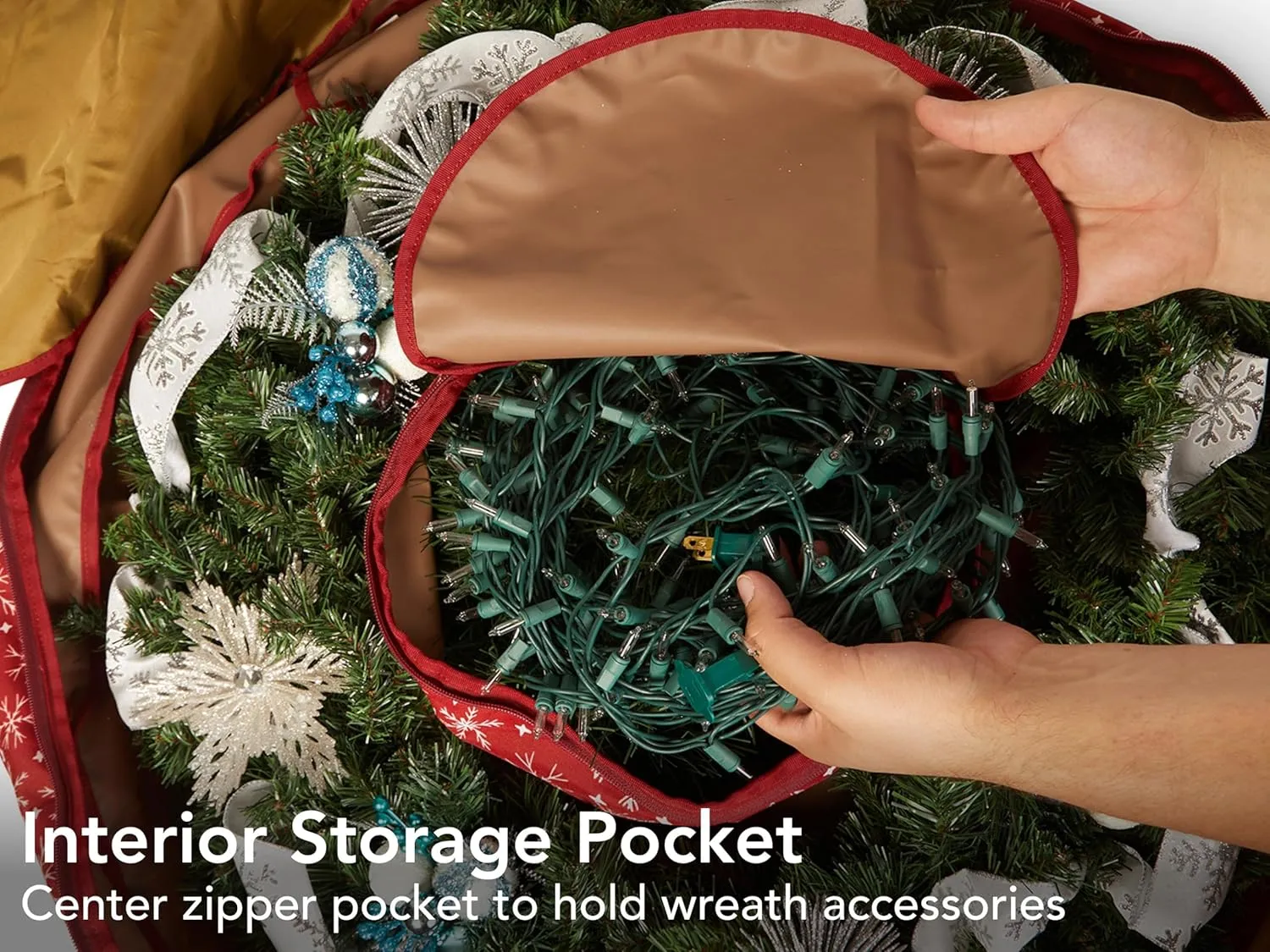 Covermates Keepsakes Christmas Wreath Storage Bag – Heavy Duty Polyester, Interior Pouch, Dual Zipper Pulls - Holiday Storage, Red Snowflake
