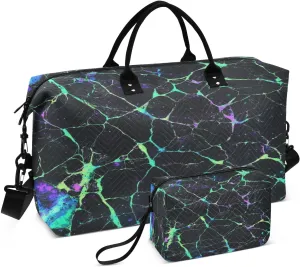 Cracked Stone Texture Black Sports Gym Bag for Women Men Travel Duffel Bag Weekend Overnight Carry on Bag with Toiletry Bag Training Handbag for Yoga Workout Swimming Hospital Plane