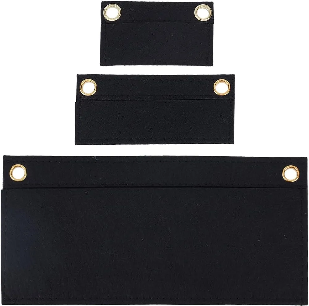 CREATCABIN 3Pcs Black Purse Felt Insert Organizer 3 Sizes Wool Tote Bag Organizer with Eyelet Bag Classic Inner Pocket Storage Multipurpose Handbag for Envelope Handbag Travel Bag Cosmetic Bag