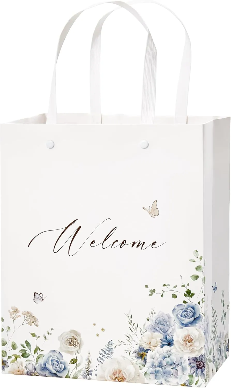 Crisky Blue Flower Welcome Bags for Wedding Hotel Guests, 25 pcs Candy Buffet Gift Pack for Bridal Baby Shower Engagement Party Favor, 10"x8"x4"