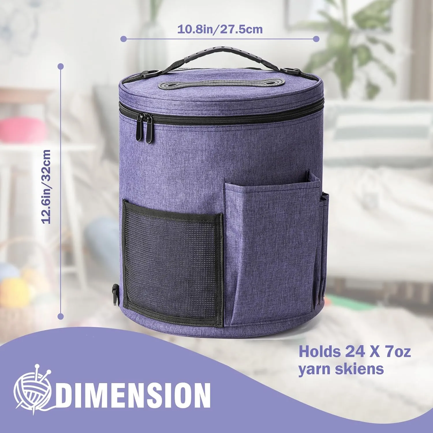 Crochet Bag Yarn Storage Organizer - Yarn Bag and Crochet Tote, Yarn Holder for Crocheting, Crochet Accessories, Suppliers, Needles with Zipper Closure-Purple