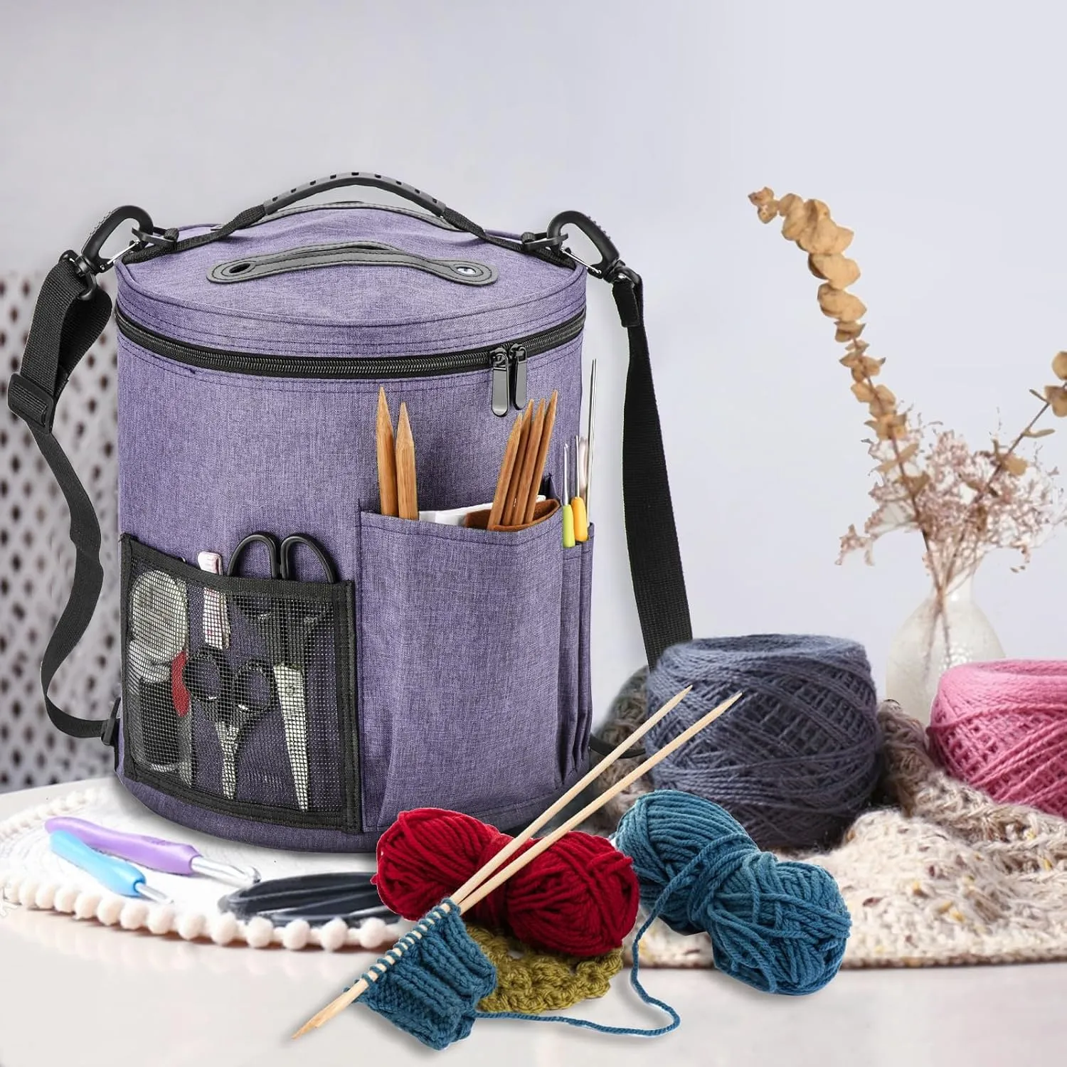 Crochet Bag Yarn Storage Organizer - Yarn Bag and Crochet Tote, Yarn Holder for Crocheting, Crochet Accessories, Suppliers, Needles with Zipper Closure-Purple