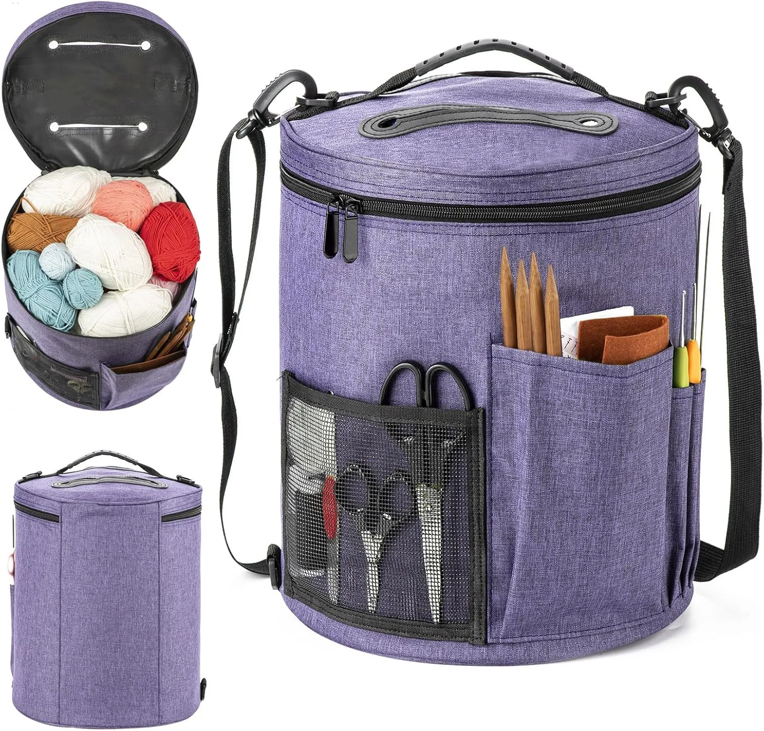 Crochet Bag Yarn Storage Organizer - Yarn Bag and Crochet Tote, Yarn Holder for Crocheting, Crochet Accessories, Suppliers, Needles with Zipper Closure-Purple