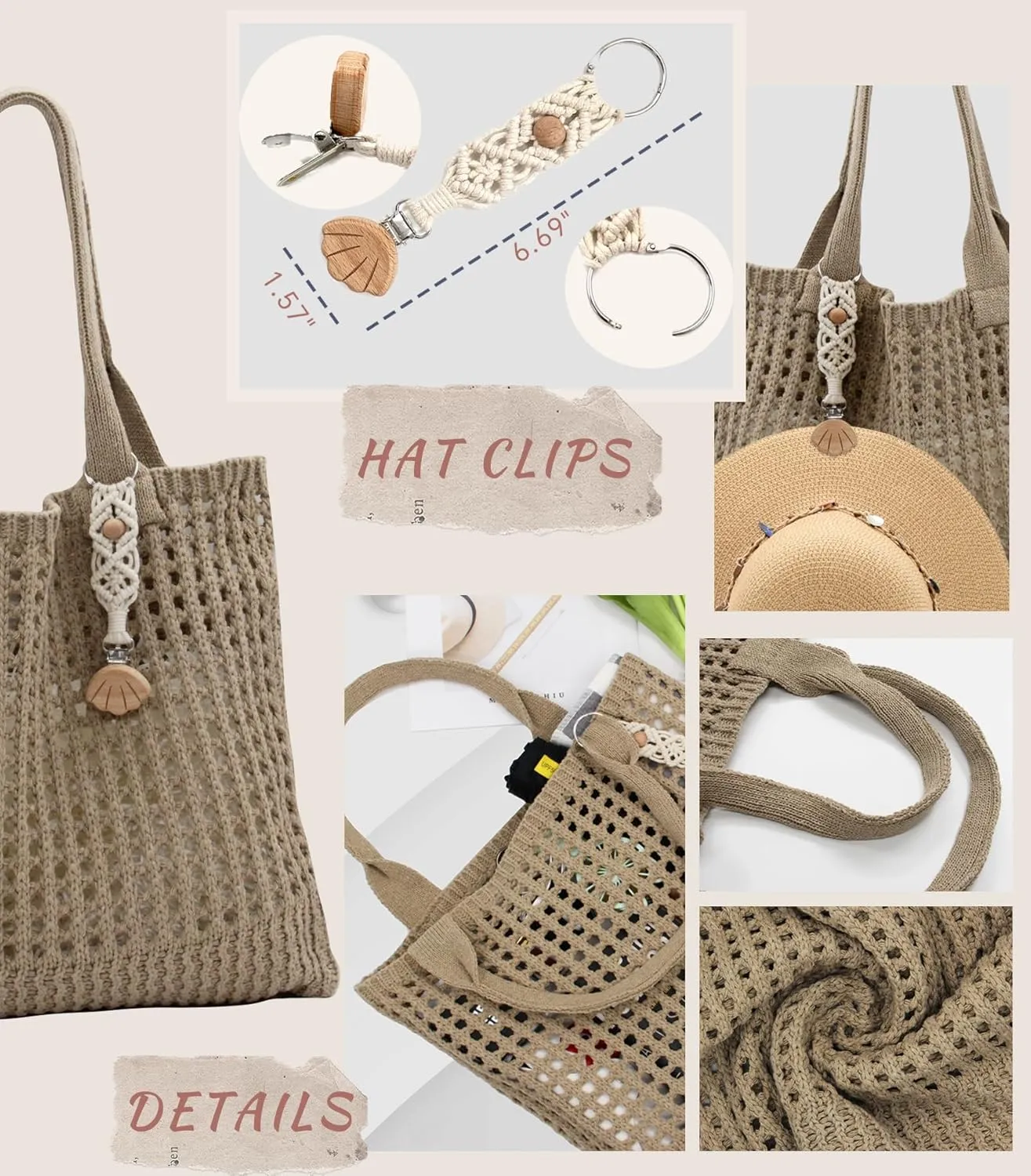 Crochet Tote Bag with Macrame Hat Clip for Travel Women Summer Beach Bag Aesthetic Knit Bag Cute Shoulder Bags