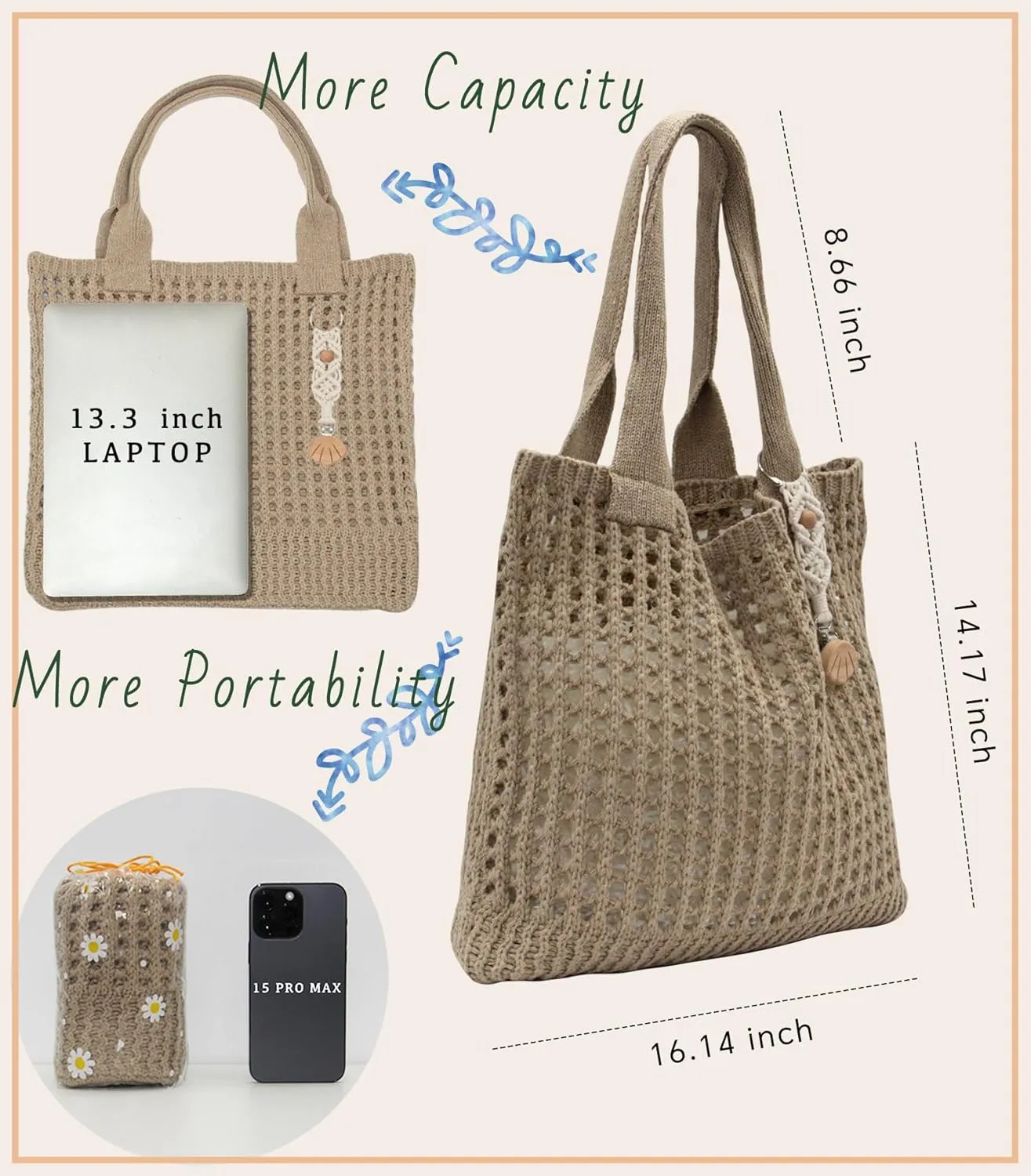 Crochet Tote Bag with Macrame Hat Clip for Travel Women Summer Beach Bag Aesthetic Knit Bag Cute Shoulder Bags