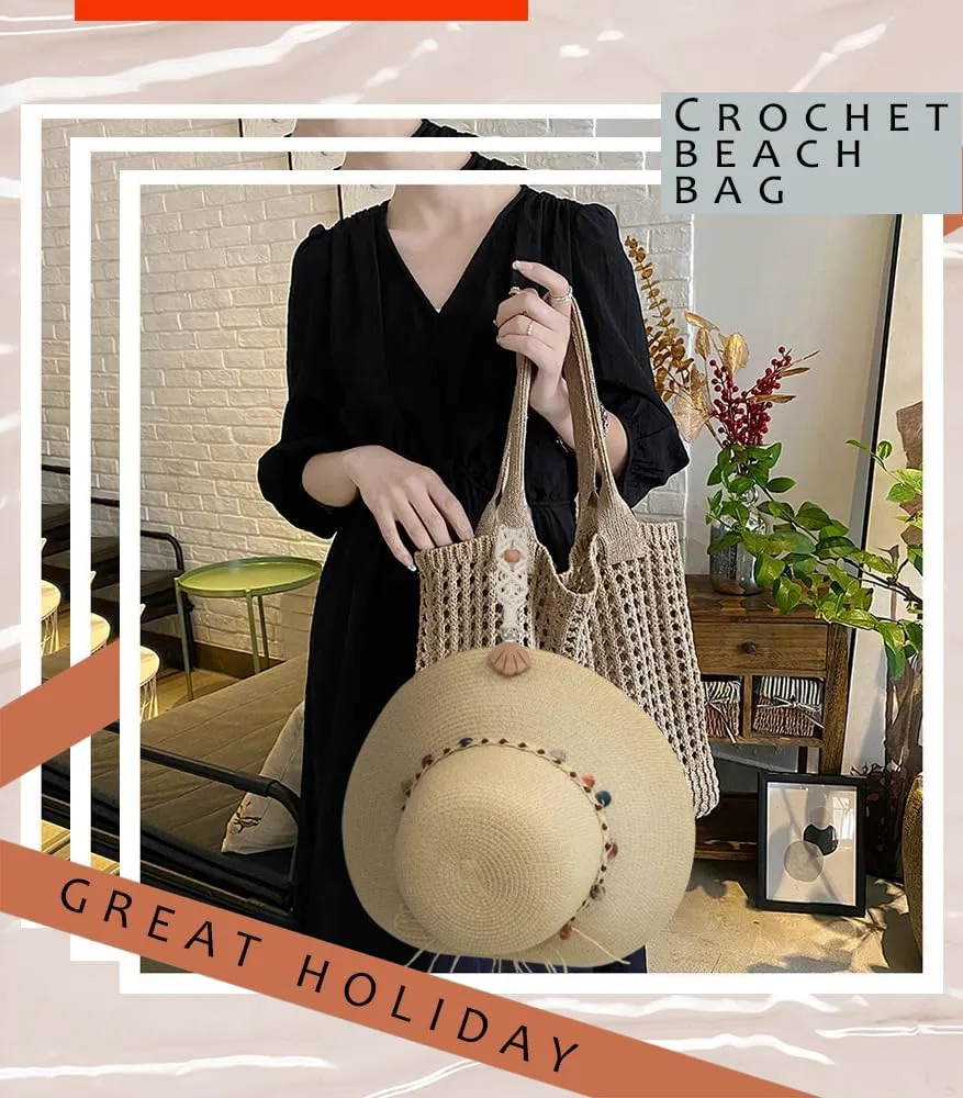 Crochet Tote Bag with Macrame Hat Clip for Travel Women Summer Beach Bag Aesthetic Knit Bag Cute Shoulder Bags