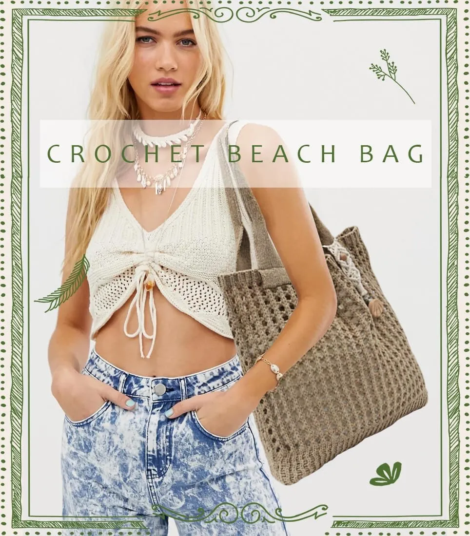Crochet Tote Bag with Macrame Hat Clip for Travel Women Summer Beach Bag Aesthetic Knit Bag Cute Shoulder Bags