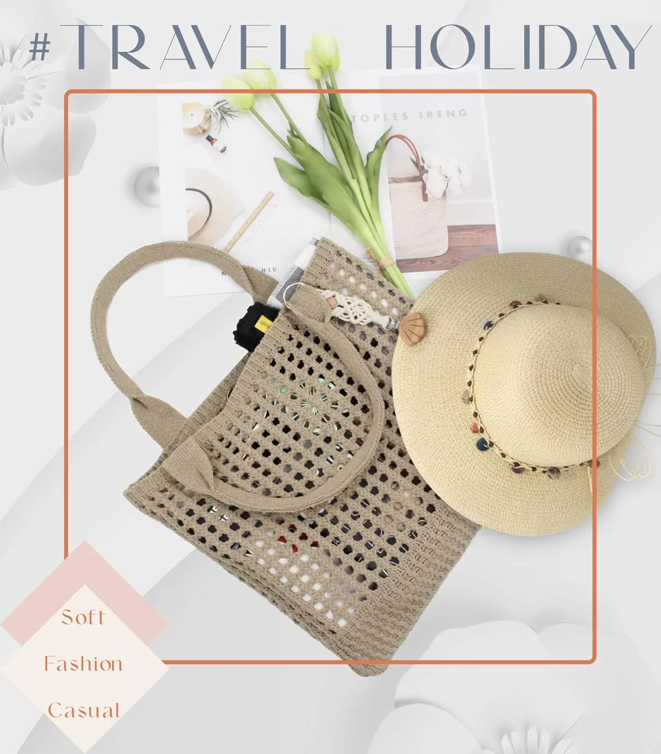 Crochet Tote Bag with Macrame Hat Clip for Travel Women Summer Beach Bag Aesthetic Knit Bag Cute Shoulder Bags