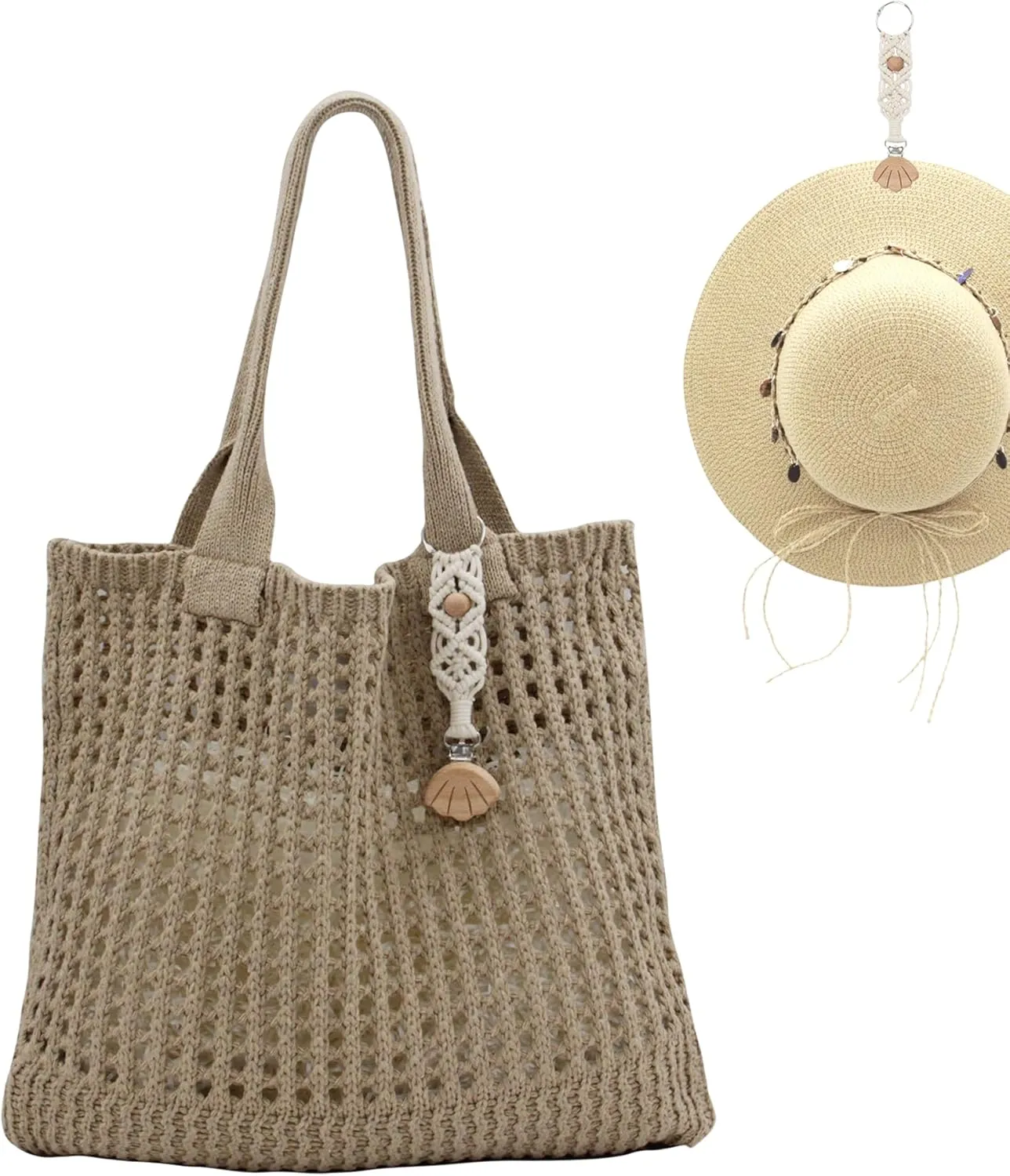Crochet Tote Bag with Macrame Hat Clip for Travel Women Summer Beach Bag Aesthetic Knit Bag Cute Shoulder Bags
