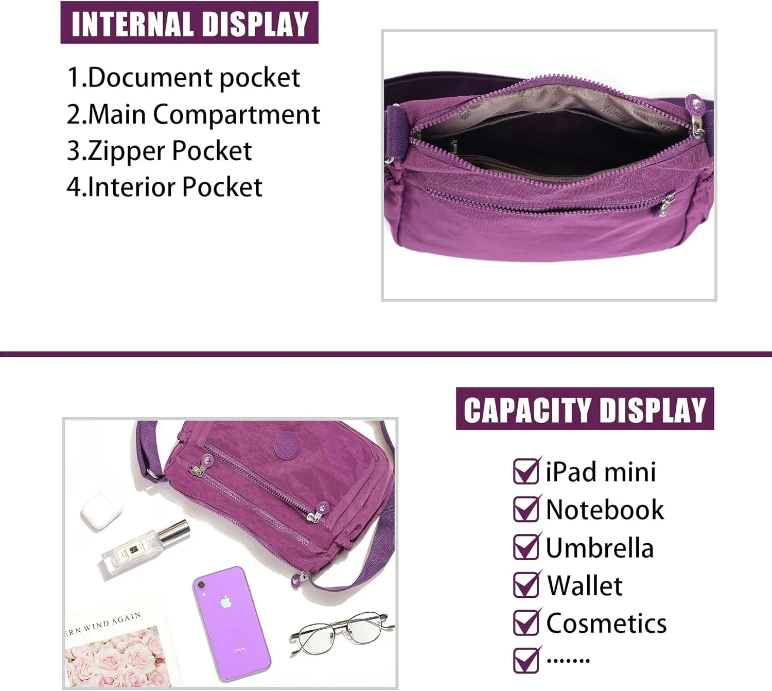Crossbody Bags for Women Waterproof Tote Bag Casual Nylon Purse Handbag RFID Lightweight Messenger Bag