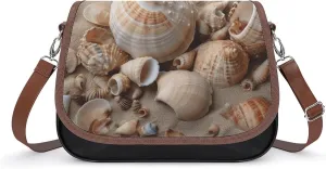 Crossbody Bag,Seashells by The Seashore Print Leather Crossbody Bag,flapover Crossbody Bag,crossover Shoulder Bag with Adjustable Strap & Flip