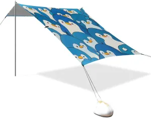 Cute Cartoon Blue Penguin Designed UPF50  Protection Beach Tent Waterproof Portable Sun Shelter Includes Sand Shovel, Sandbags, Stability Poles for Camping, Picnics, Backyard & Fishing techo