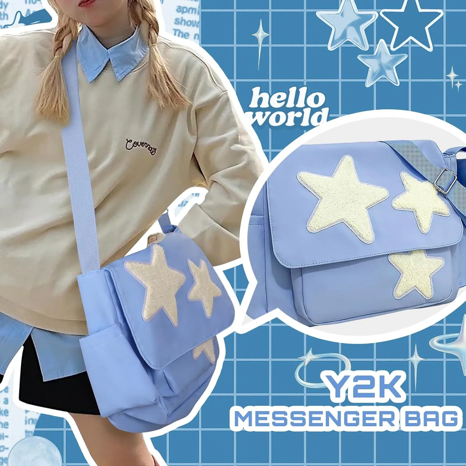 Cute Messenger Bag, Aesthetic Crossbody Bag, Y2K Star Grunge Bag Emo Shoulder Tote Purse for Women