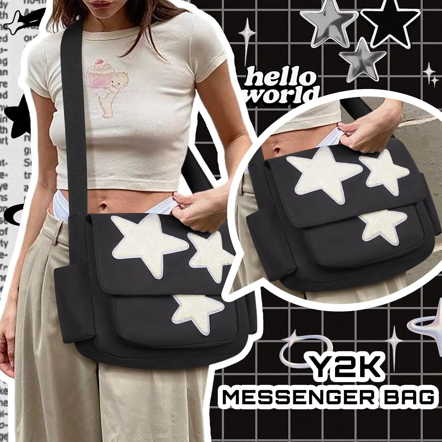 Cute Messenger Bag, Aesthetic Crossbody Bag, Y2K Star Grunge Bag Emo Shoulder Tote Purse for Women