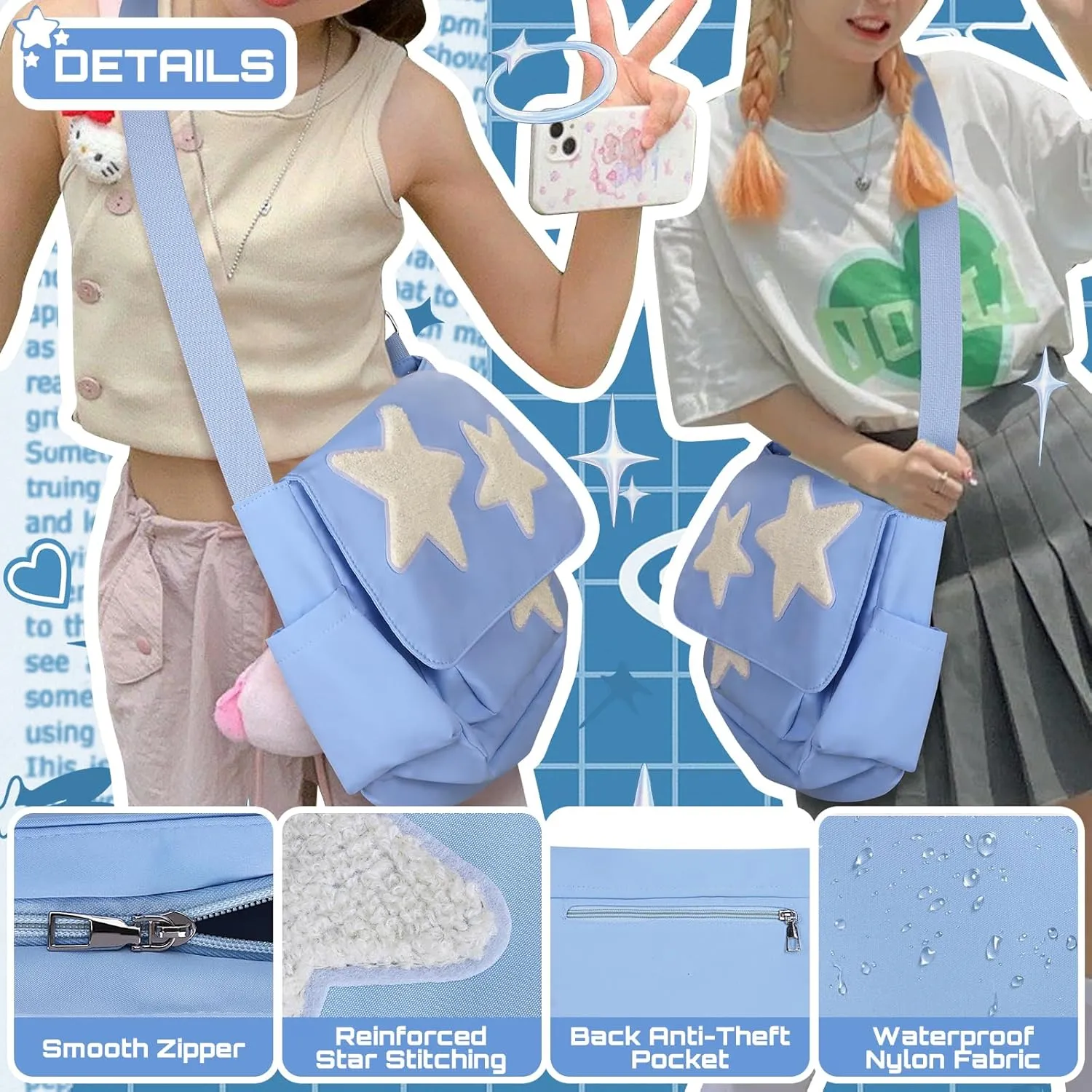 Cute Messenger Bag, Aesthetic Crossbody Bag, Y2K Star Grunge Bag Emo Shoulder Tote Purse for Women