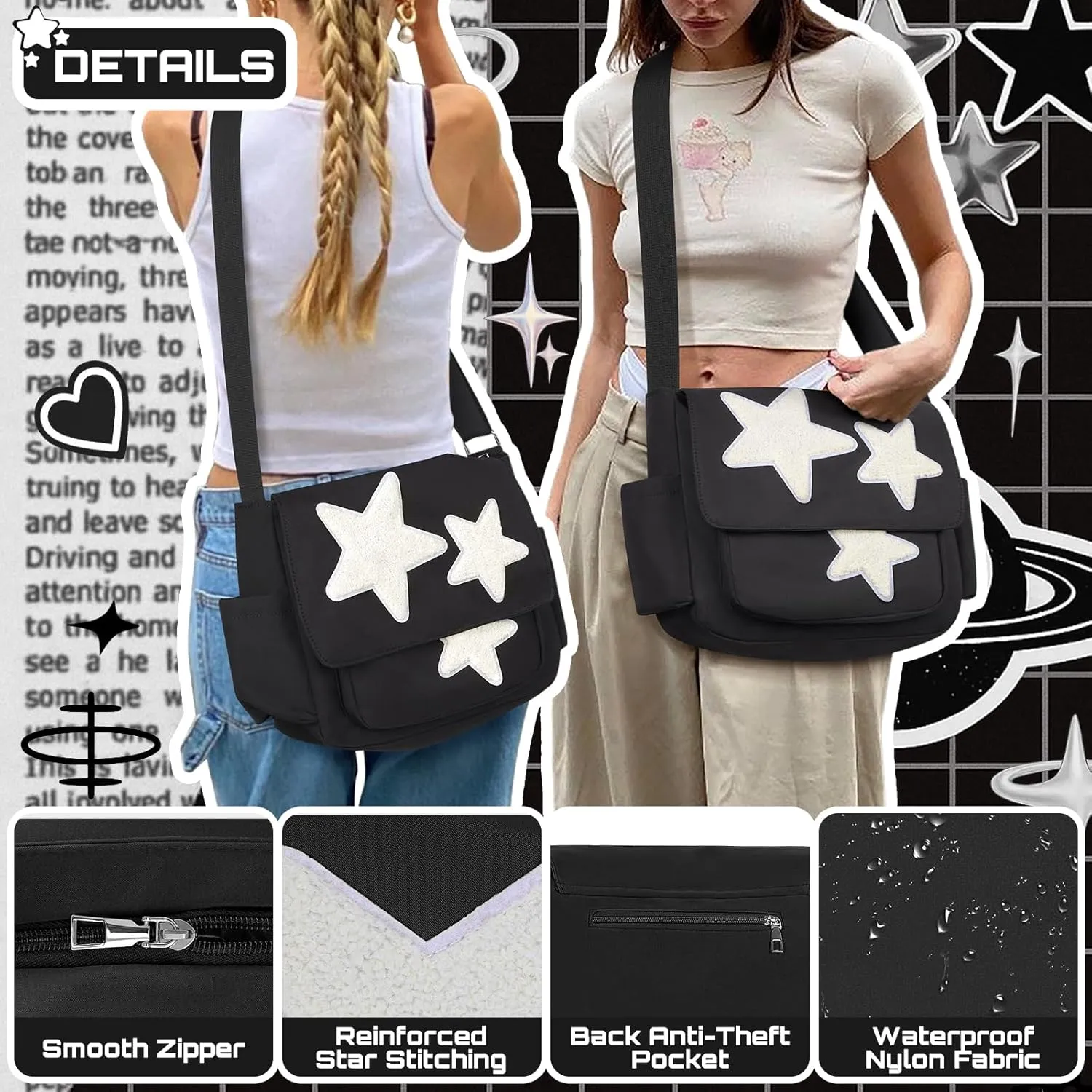 Cute Messenger Bag, Aesthetic Crossbody Bag, Y2K Star Grunge Bag Emo Shoulder Tote Purse for Women