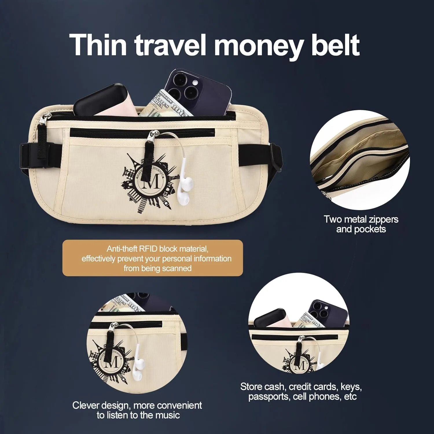 DAITET Personalized Initial Money Belt,RFID Blocking Travel Secure Bag,Monogrammed Gift for Women, Mom and Travel enthusiasts(M)