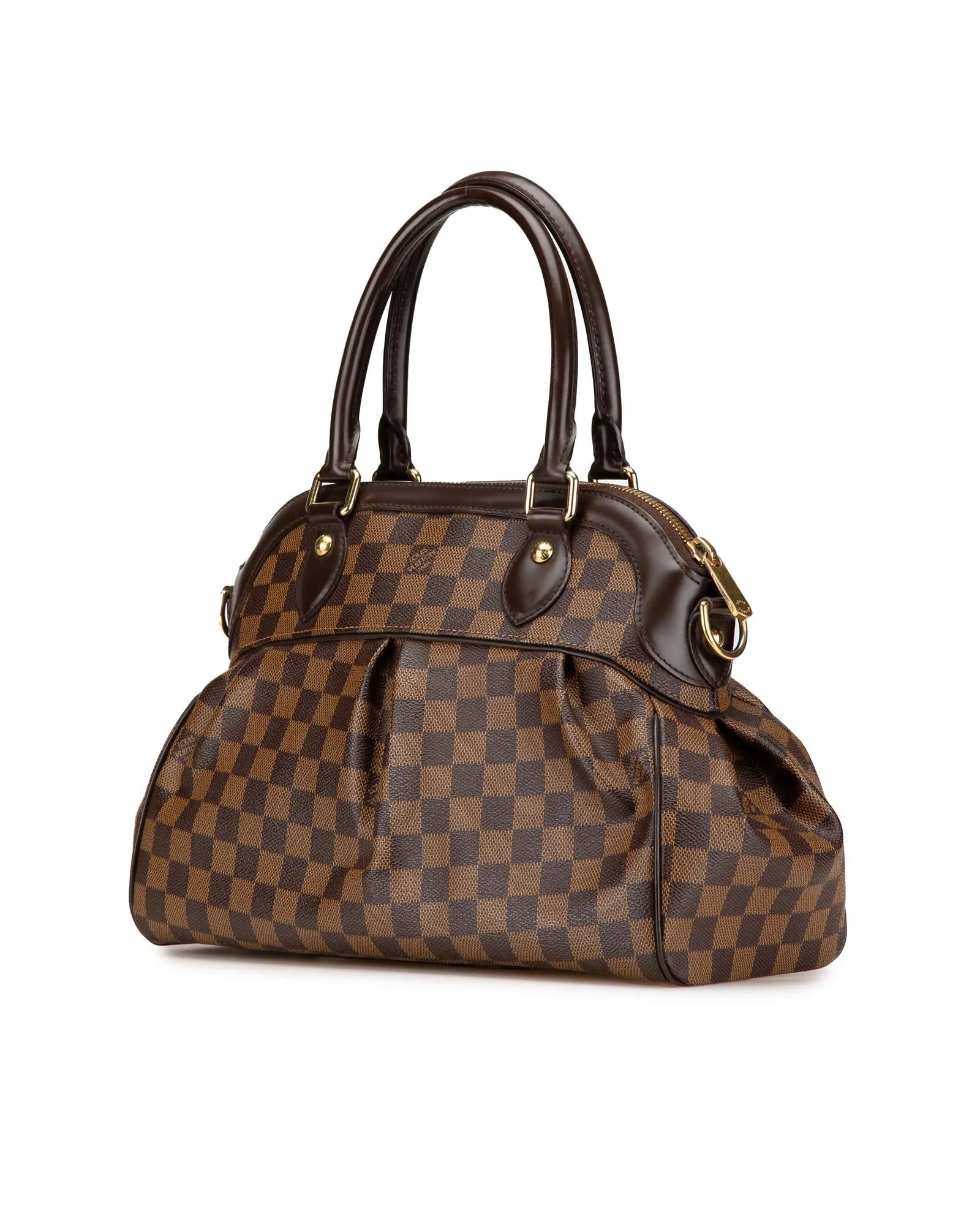 Damier Ebene Trevi PM Canvas Handbag with Leather Trim and Detachable Strap