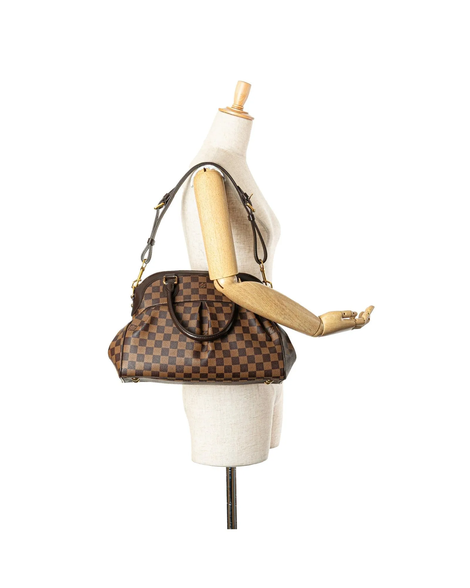 Damier Ebene Trevi PM Canvas Handbag with Leather Trim and Detachable Strap