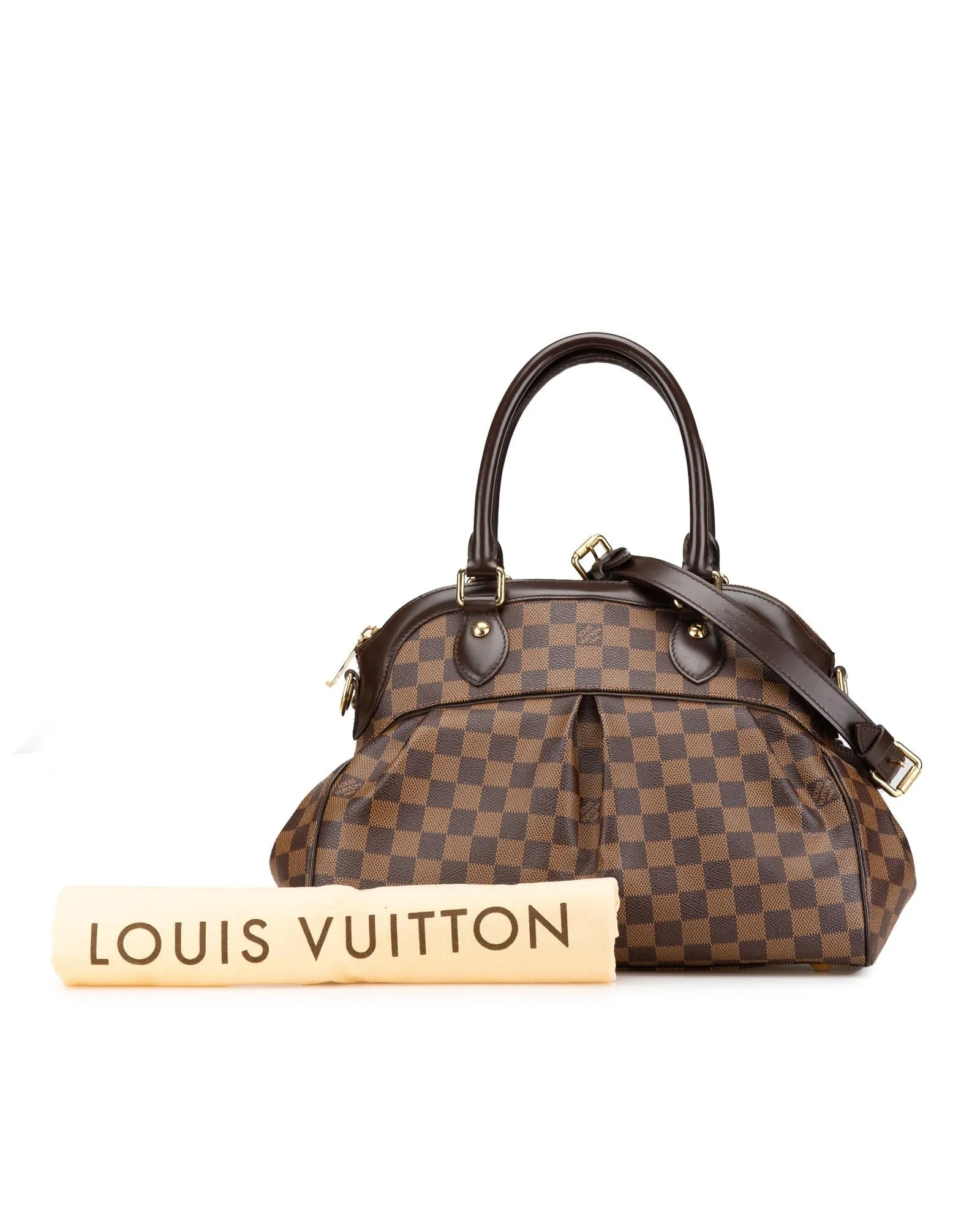 Damier Ebene Trevi PM Canvas Handbag with Leather Trim and Detachable Strap