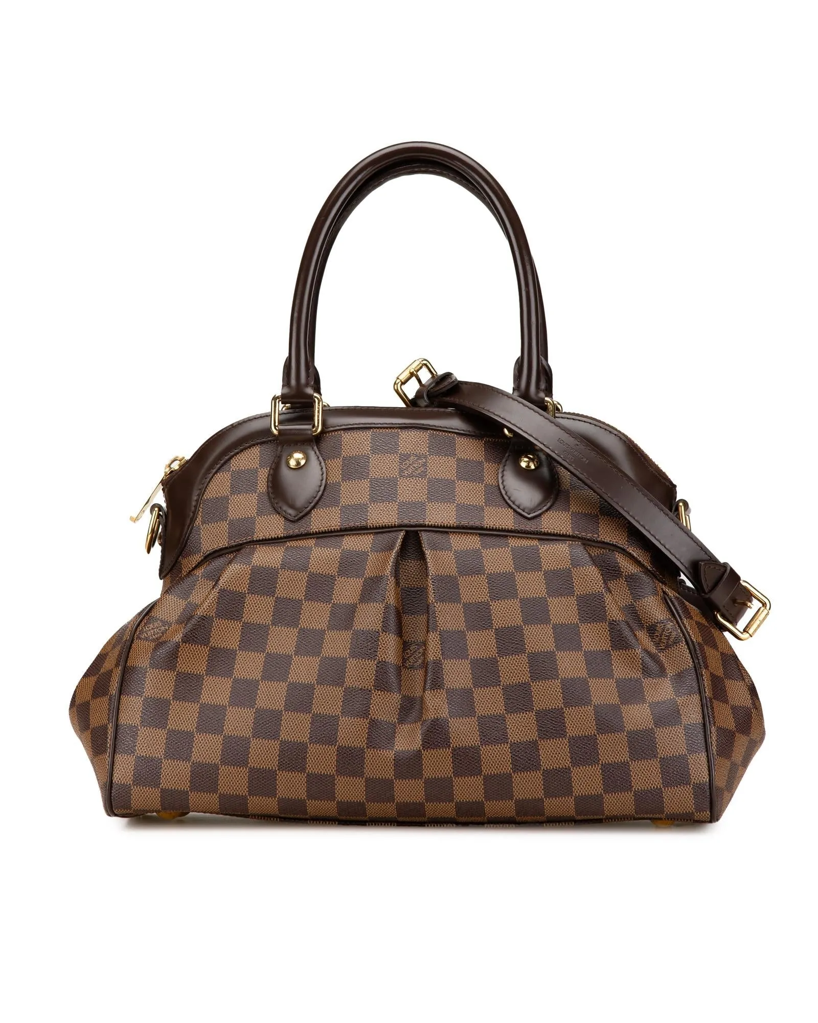 Damier Ebene Trevi PM Canvas Handbag with Leather Trim and Detachable Strap