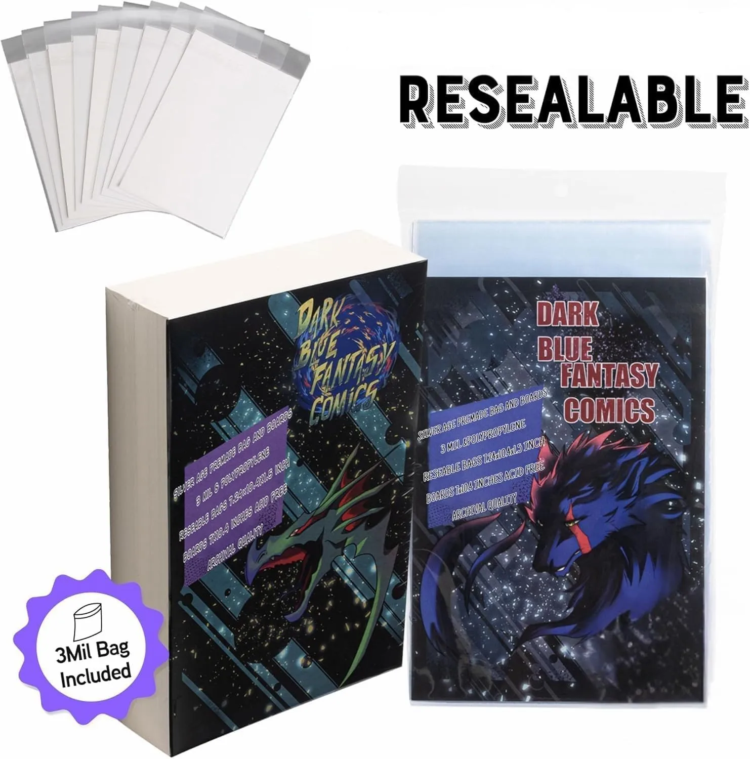 Dark Blue Fantasy Silver Age Comics Book Bags and Boards Resealable -100 Bags 7.24"x10.4" with Flap of 1.5"& 100 Boards 7"X10.4"- Comic Books Protector Backing Board-Archival Use