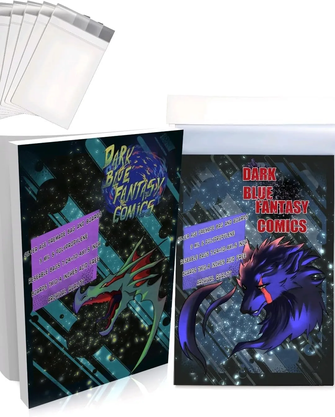 Dark Blue Fantasy Silver Age Comics Book Bags and Boards Resealable -100 Bags 7.24"x10.4" with Flap of 1.5"& 100 Boards 7"X10.4"- Comic Books Protector Backing Board-Archival Use