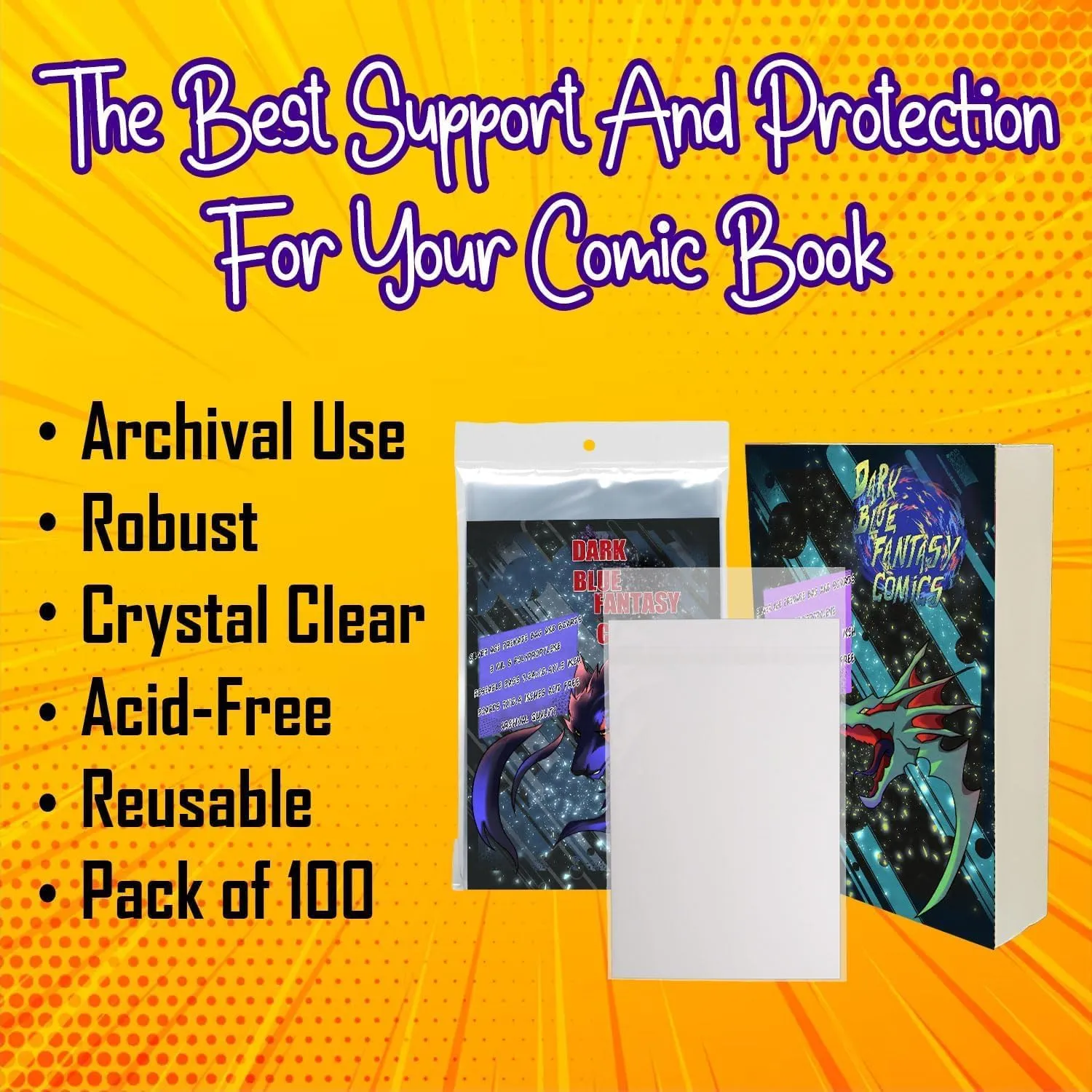 Dark Blue Fantasy Silver Age Comics Book Bags and Boards Resealable -100 Bags 7.24"x10.4" with Flap of 1.5"& 100 Boards 7"X10.4"- Comic Books Protector Backing Board-Archival Use