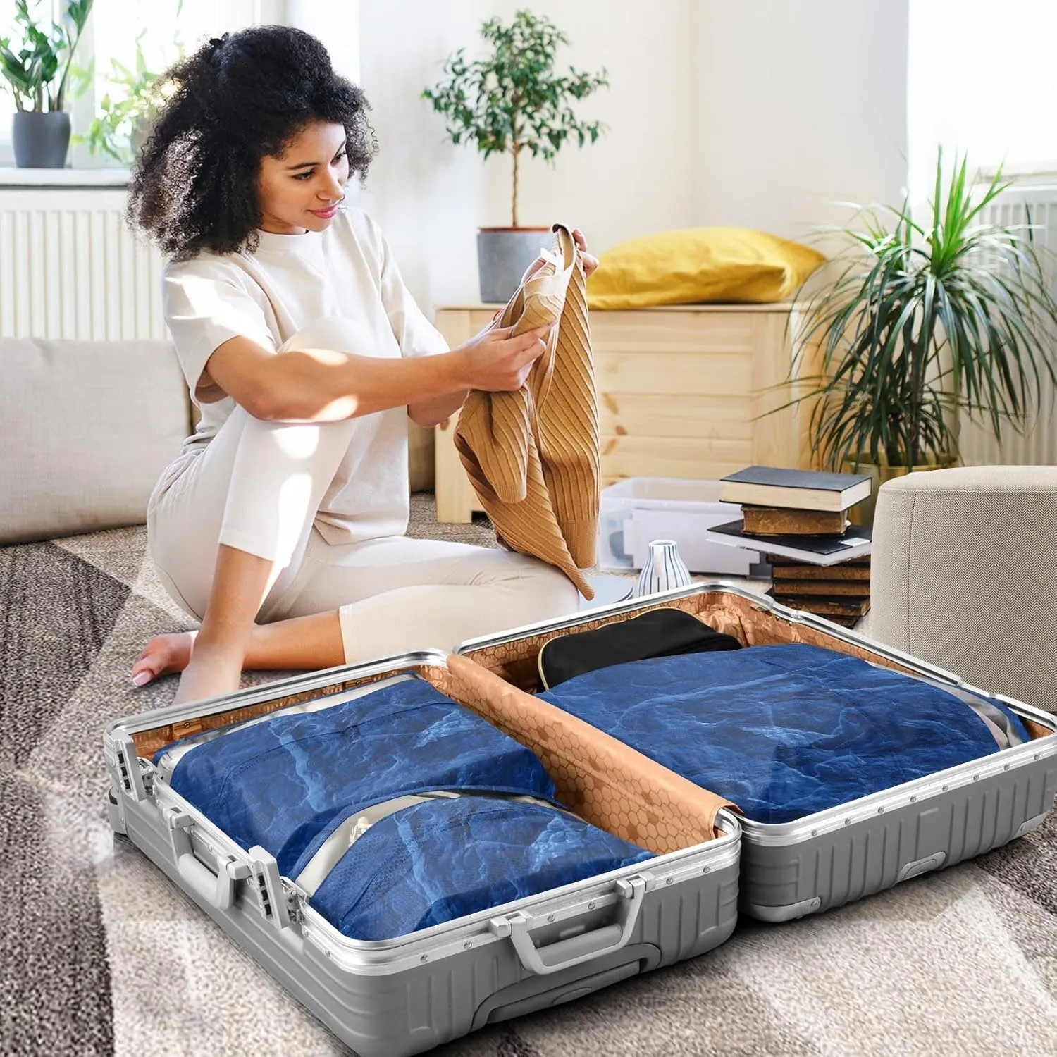 Dark Royal Blue Slate Slab 3 Set Travel Packing Cubes For Suitcases, Foldable, Garment Bag Closet Storage, Luggage Space Saver, Organizadores De Maletas Para