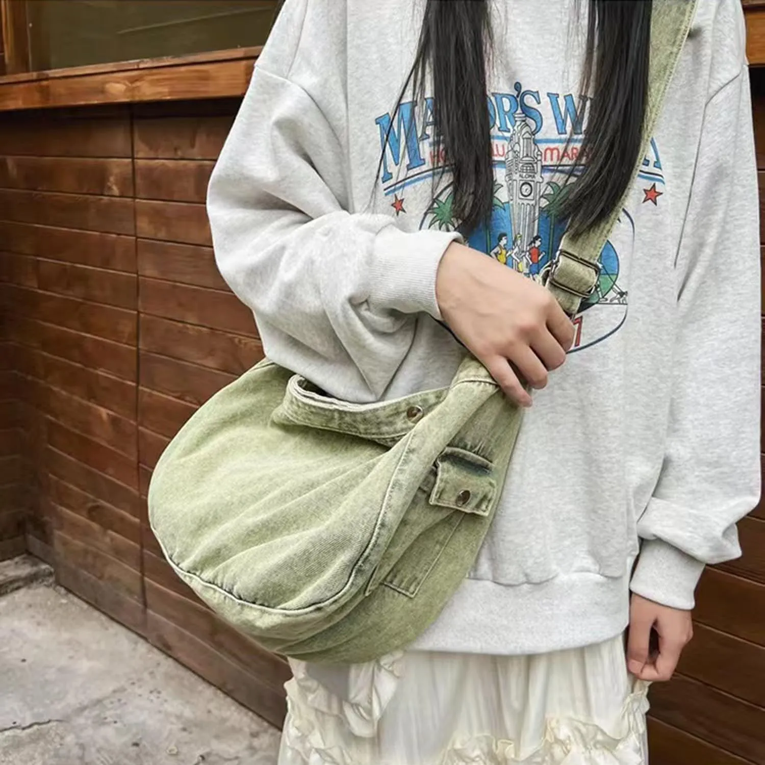 Denim Canvas Messenger Bag Large Crossbody Bag with Multiple Pockets Casual Shoulder Aesthetic Tote Bag for Women and Men