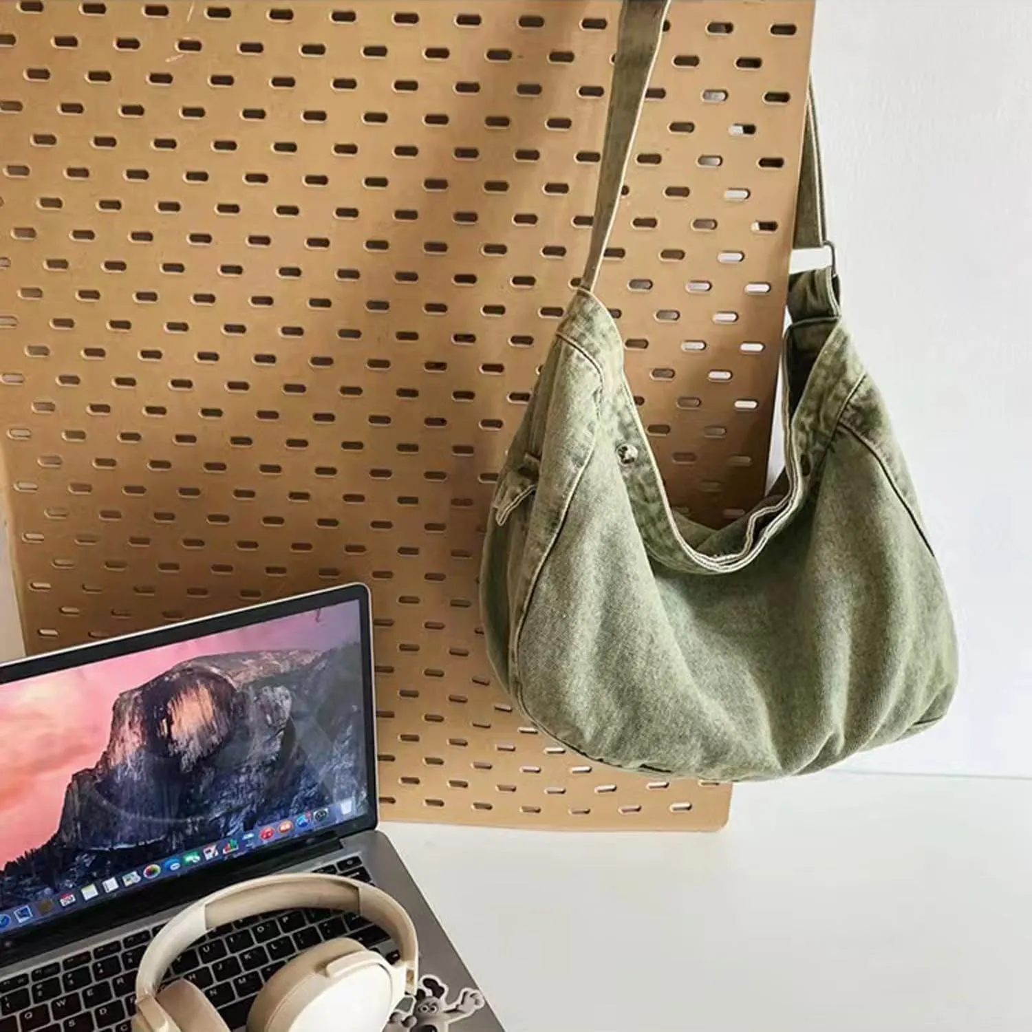Denim Canvas Messenger Bag Large Crossbody Bag with Multiple Pockets Casual Shoulder Aesthetic Tote Bag for Women and Men