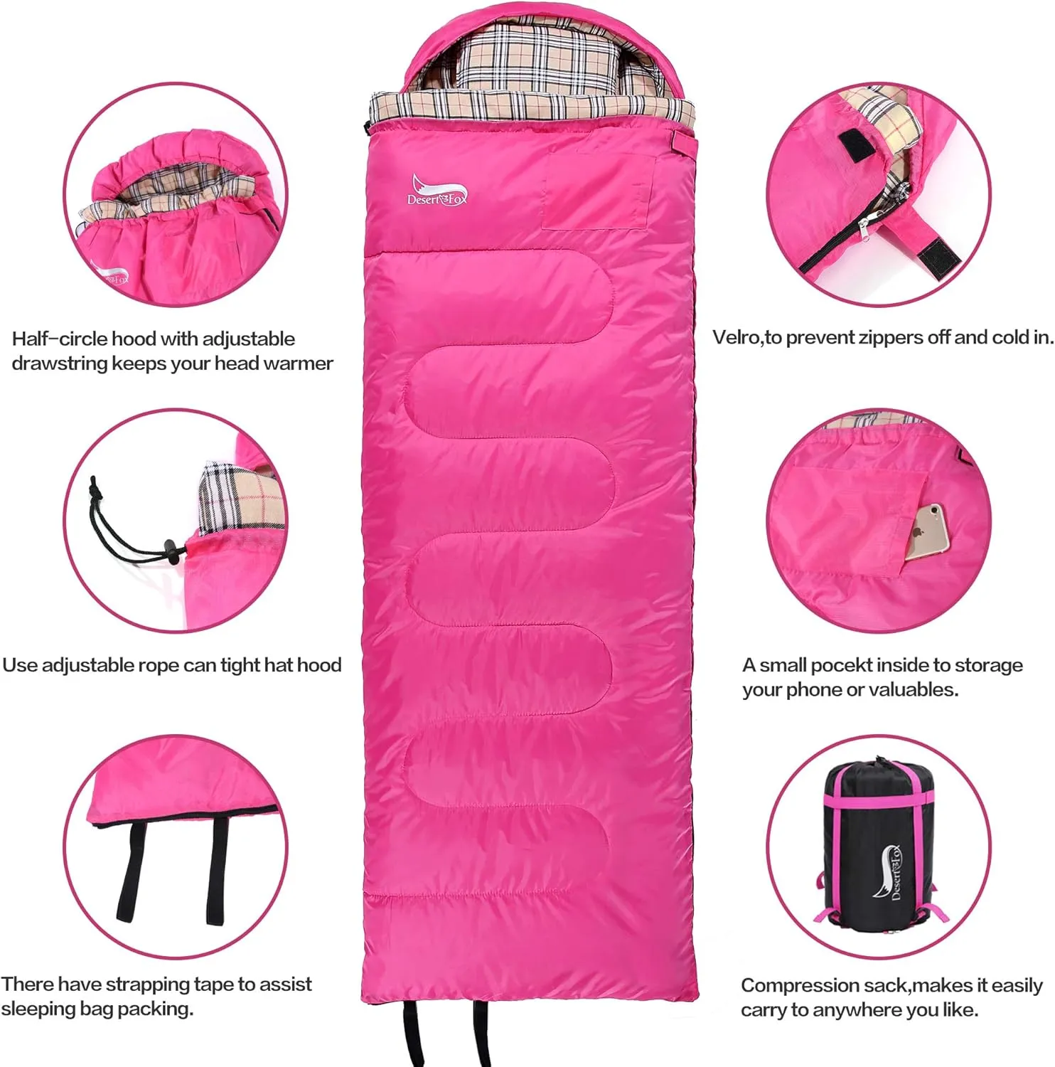 Desert & Fox Cotton Flannel Sleeping Bags with Pillow, 4 Season Warm & Cold Weather Envelope Compression Sack, Lightweight & Portable Backpacking Sleeping Bag for Outdoor Camping, Hiking, Traveling
